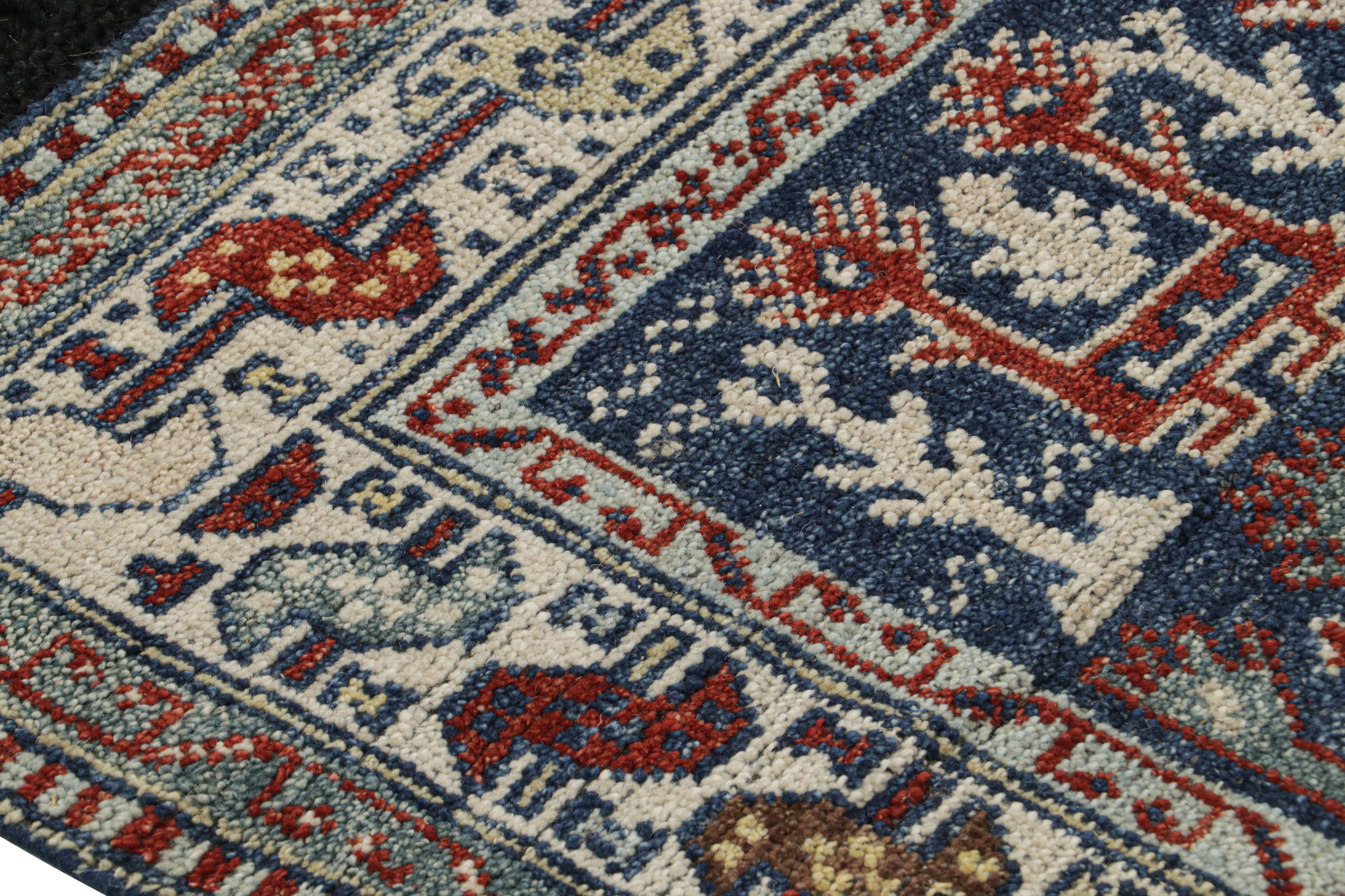 Rug & Kilim’s Blue Tribal Style Square Rug with Primitivist Geometric Patterns In New Condition For Sale In Long Island City, NY