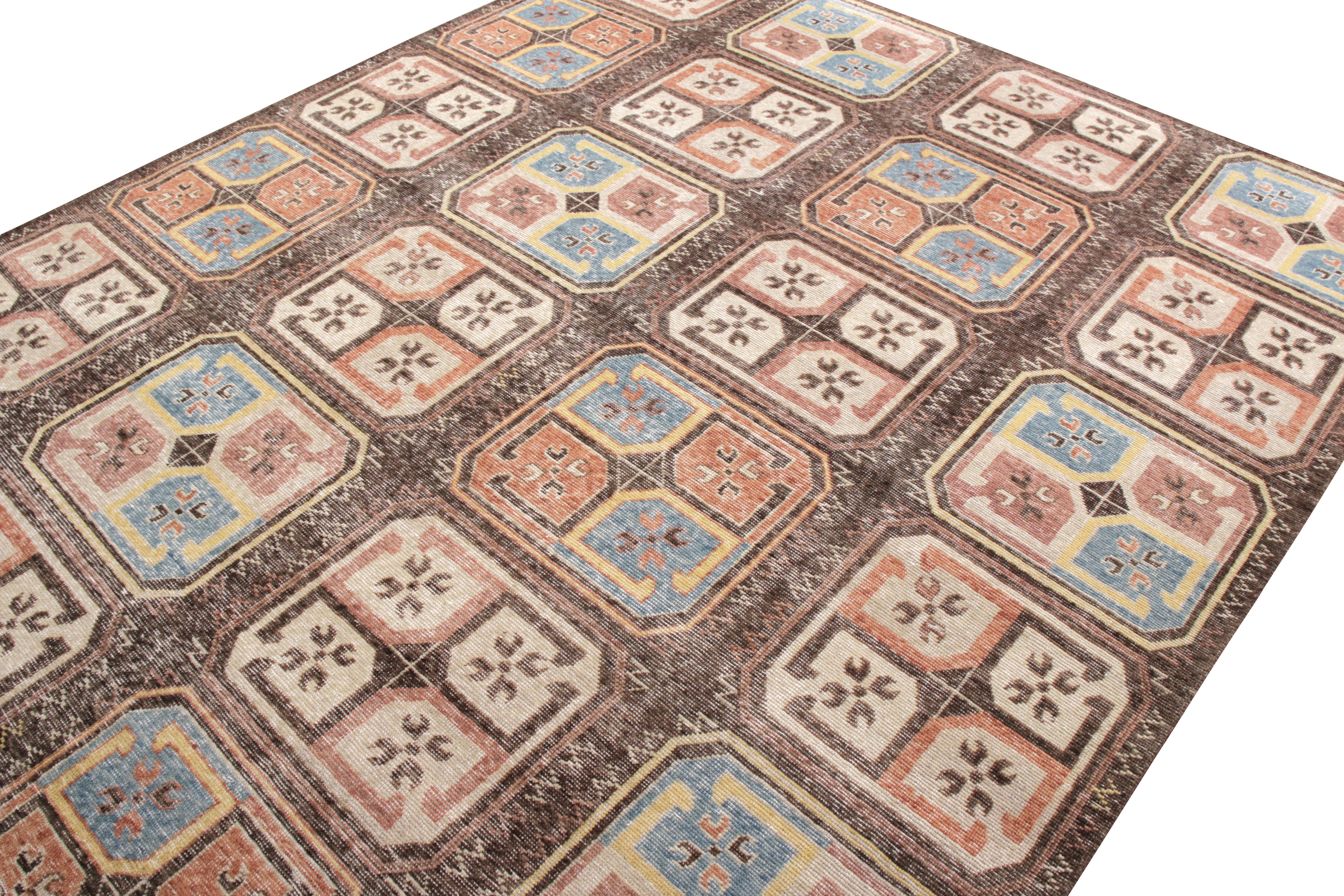 Art Deco Rug & Kilim’s Bokhara Style Distressed Rug in Beige Grown Geometric Pattern For Sale