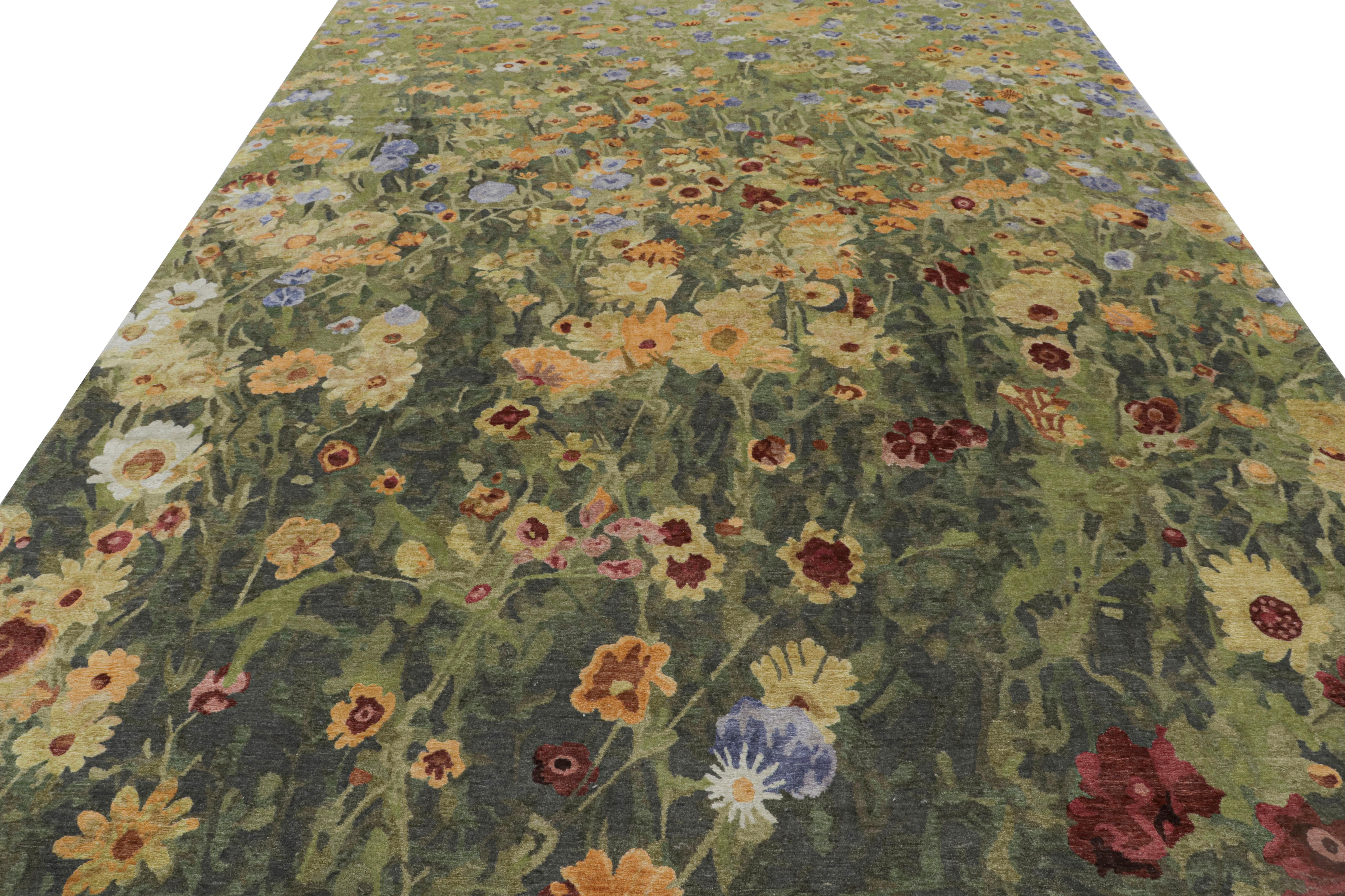 Dieser moderne, abstrakte Teppich im Format 9x12 aus Wolle und Seide wurde von Hand geknüpft. Das Design 