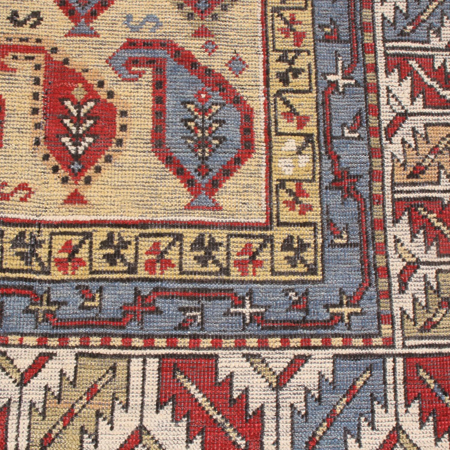 Modern Rug & Kilim's Burano Beige Gold and Red Wool Rug with Boteh Patterns and Blue For Sale