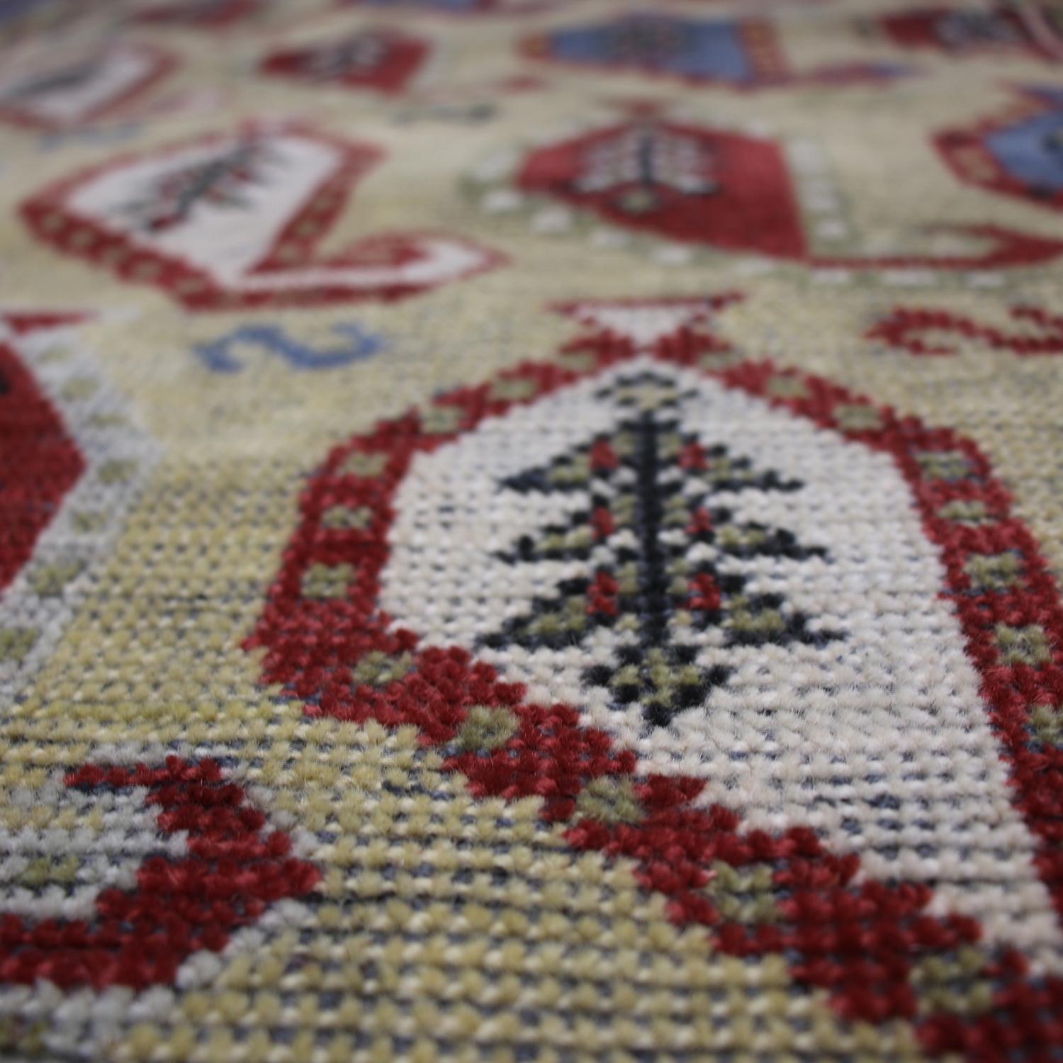 Indian Rug & Kilim's Burano Beige Gold and Red Wool Rug with Boteh Patterns and Blue For Sale