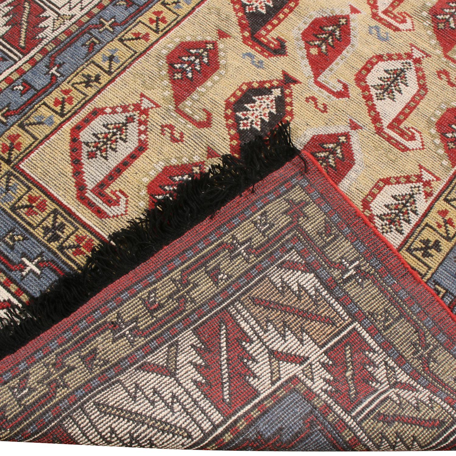 Hand-Knotted Rug & Kilim's Burano Beige Gold and Red Wool Rug with Boteh Patterns and Blue For Sale