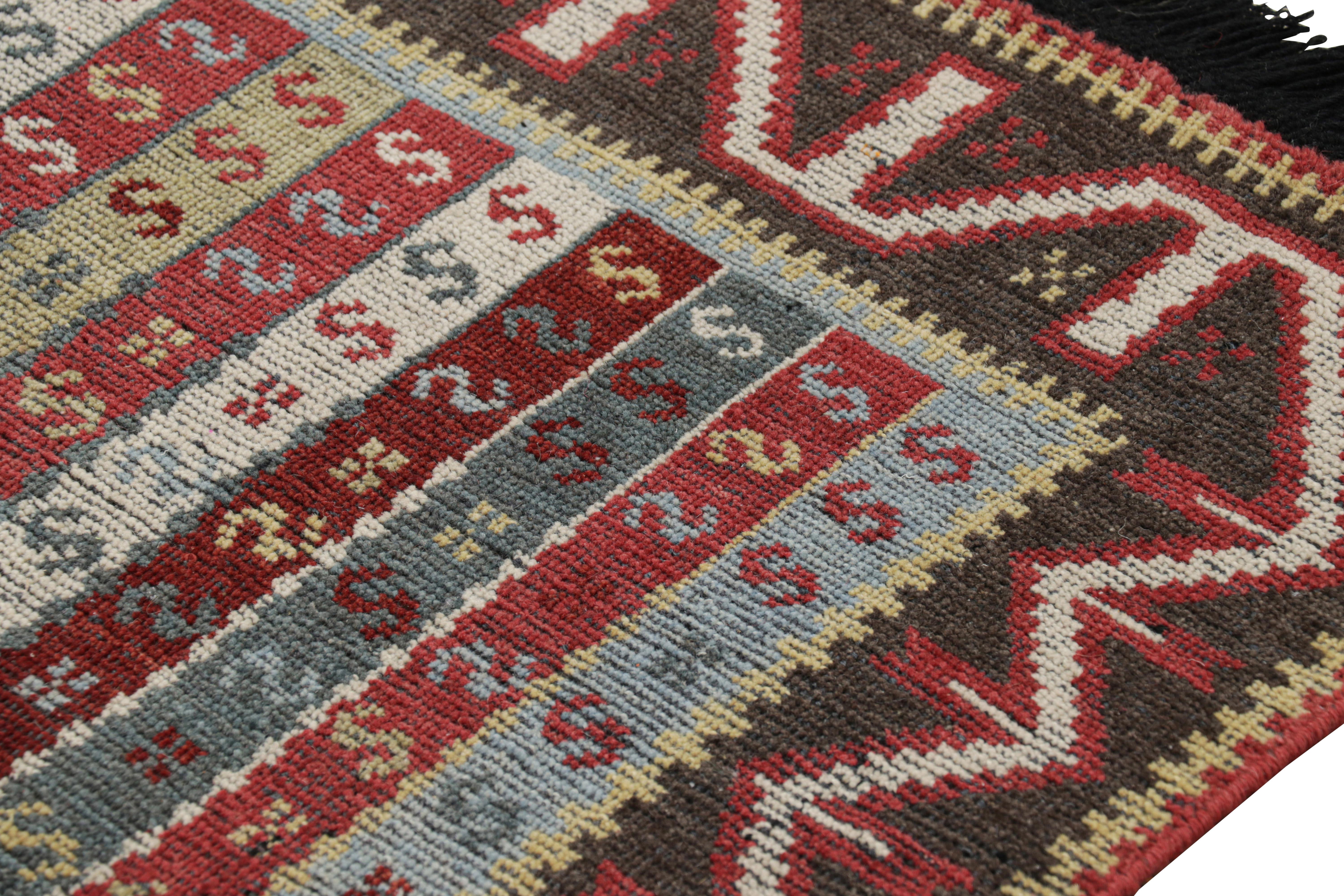 Modern Rug & Kilim's Burano Burgundy Red and Blue Wool Runner Rug with Antique Hook For Sale