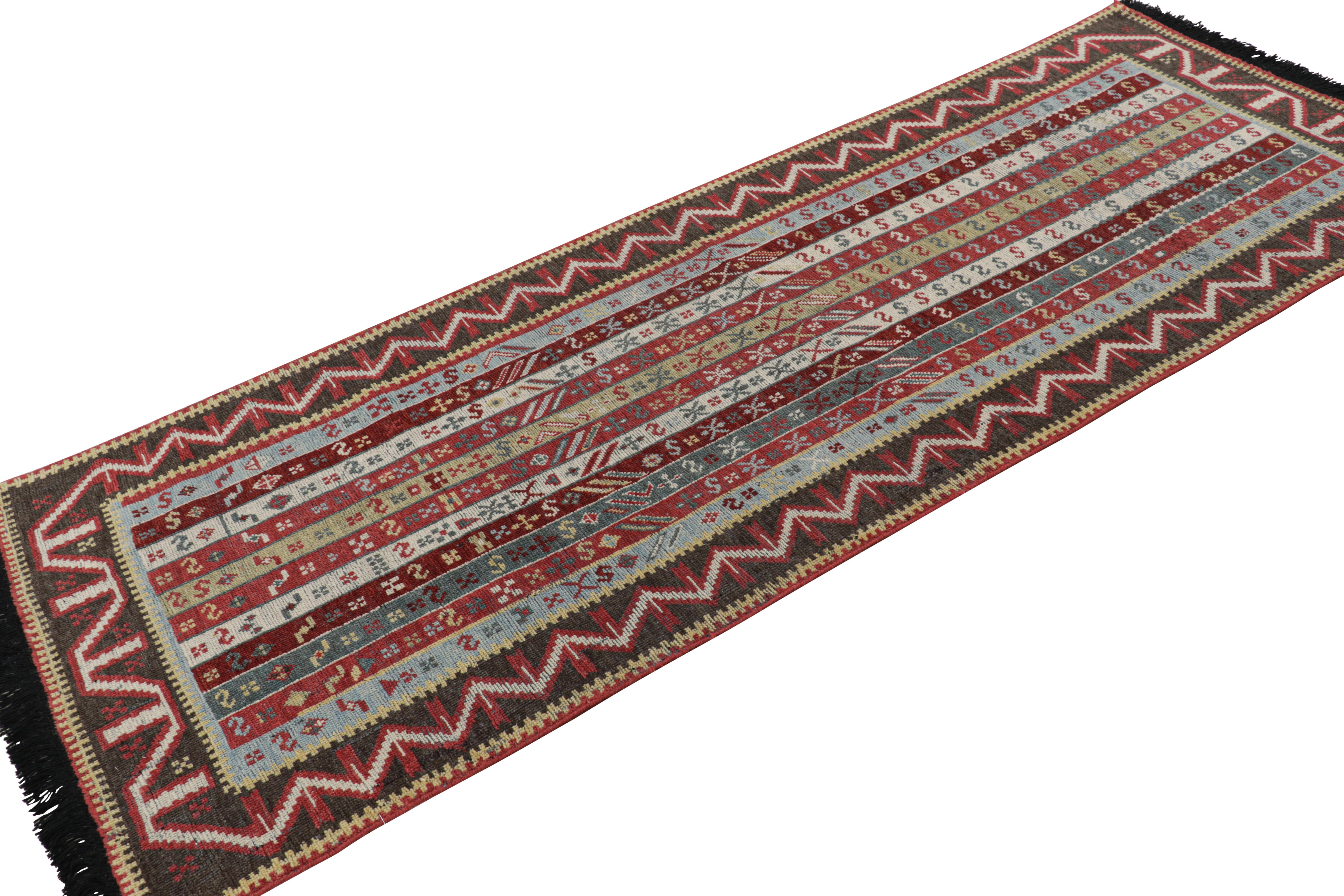 Indian Rug & Kilim's Burano Burgundy Red and Blue Wool Runner Rug with Antique Hook For Sale