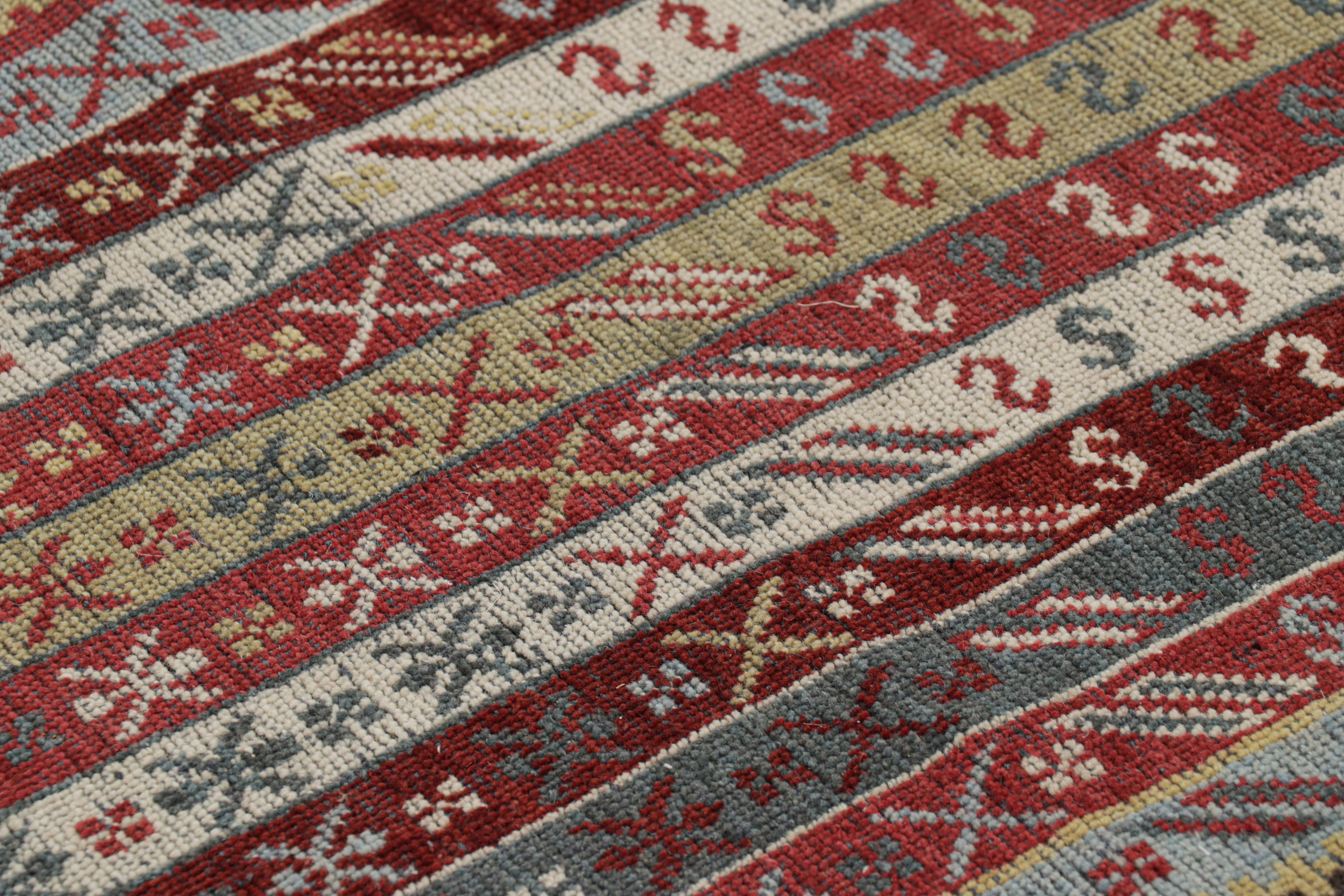 Rug & Kilim's Burano Burgundy Red and Blue Wool Runner Rug with Antique Hook In New Condition For Sale In Long Island City, NY