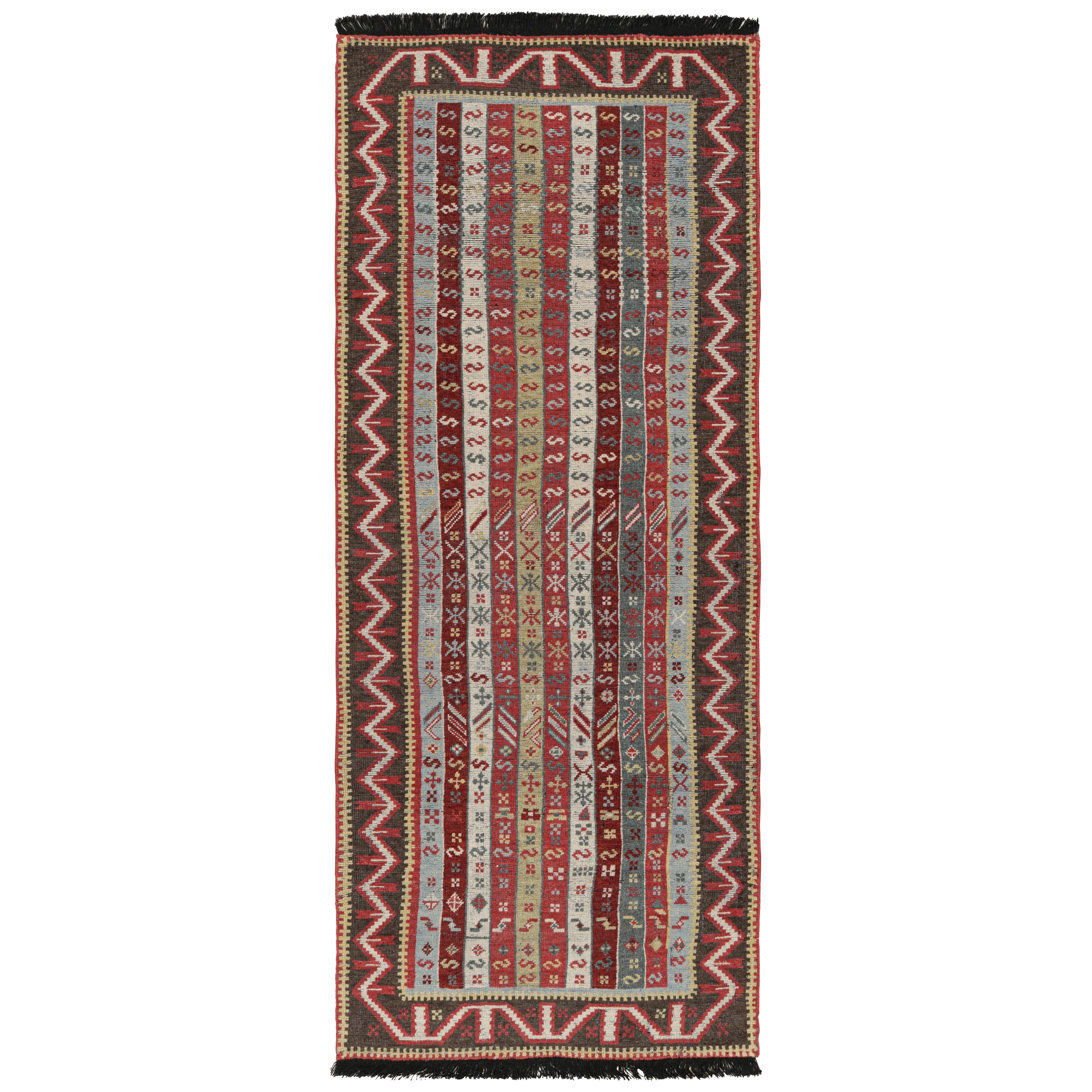 Rug & Kilim's Burano Burgundy Red and Blue Wool Runner Rug with Antique Hook For Sale