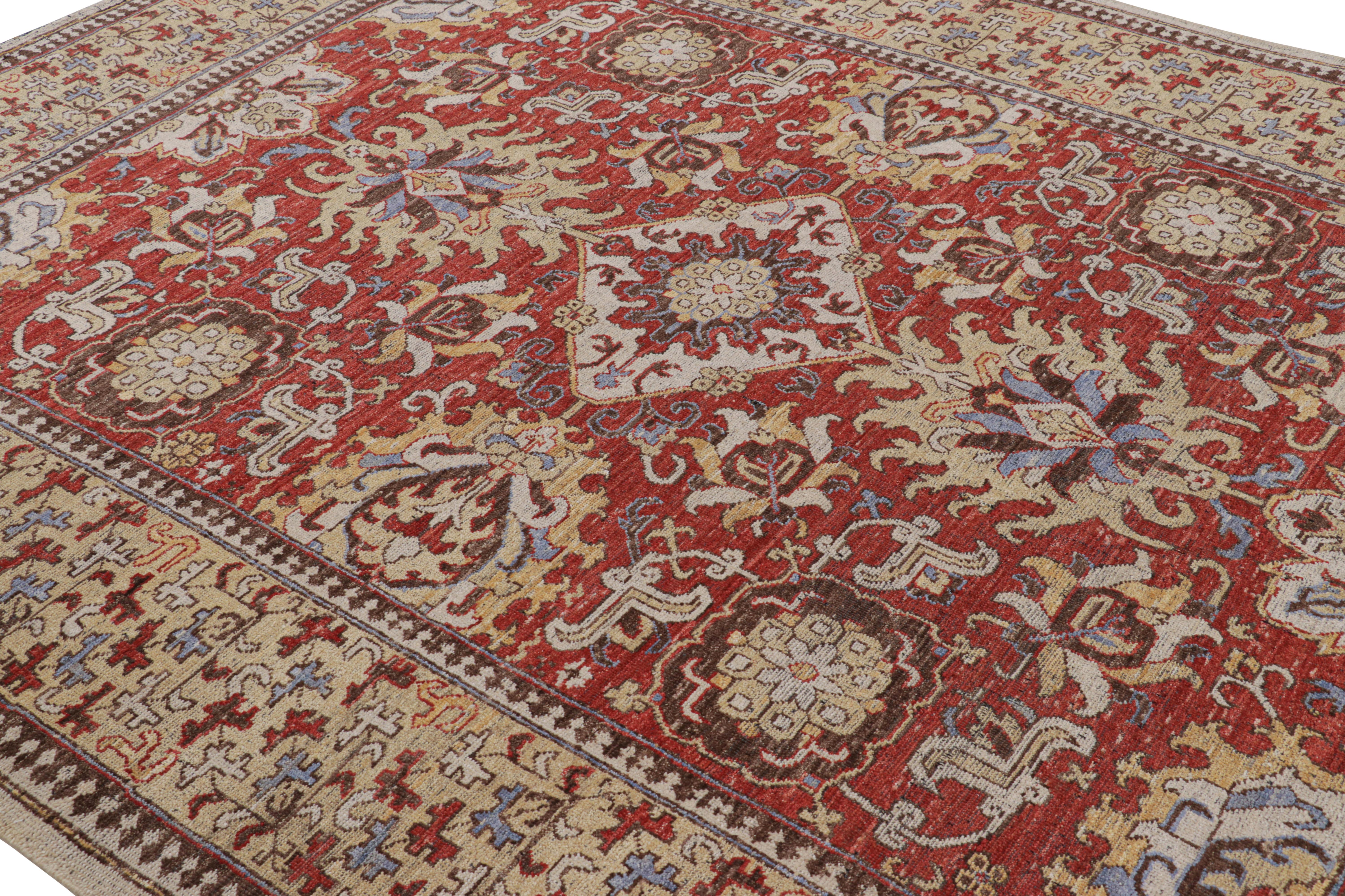 Anudada a mano en lana, esta alfombra de 8x10, nueva y atrevida incorporación a nuestra colección Burano, se inspira en el diseño de las alfombras antiguas caucásicas del siglo XVIII, en particular en una de procedencia kuba con un motivo floral