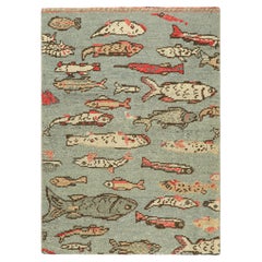 Rug & Kilim’s Burano Custom Rug Sample In Blue with Colorful Fish Pictorial