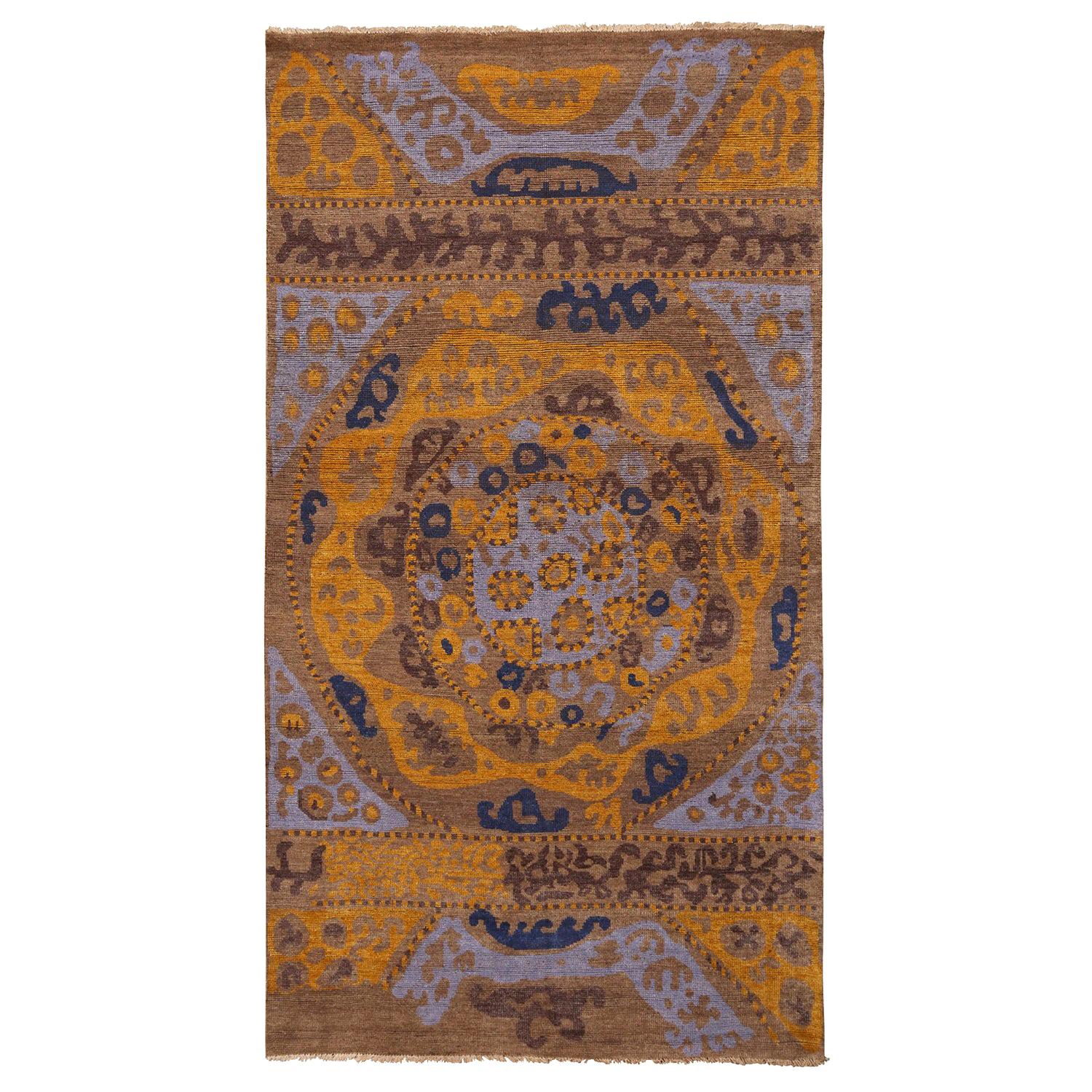 Rug & Kilim's 19th-Century Azerbaijan Embroidery Style Beige Gold and Blue Rug