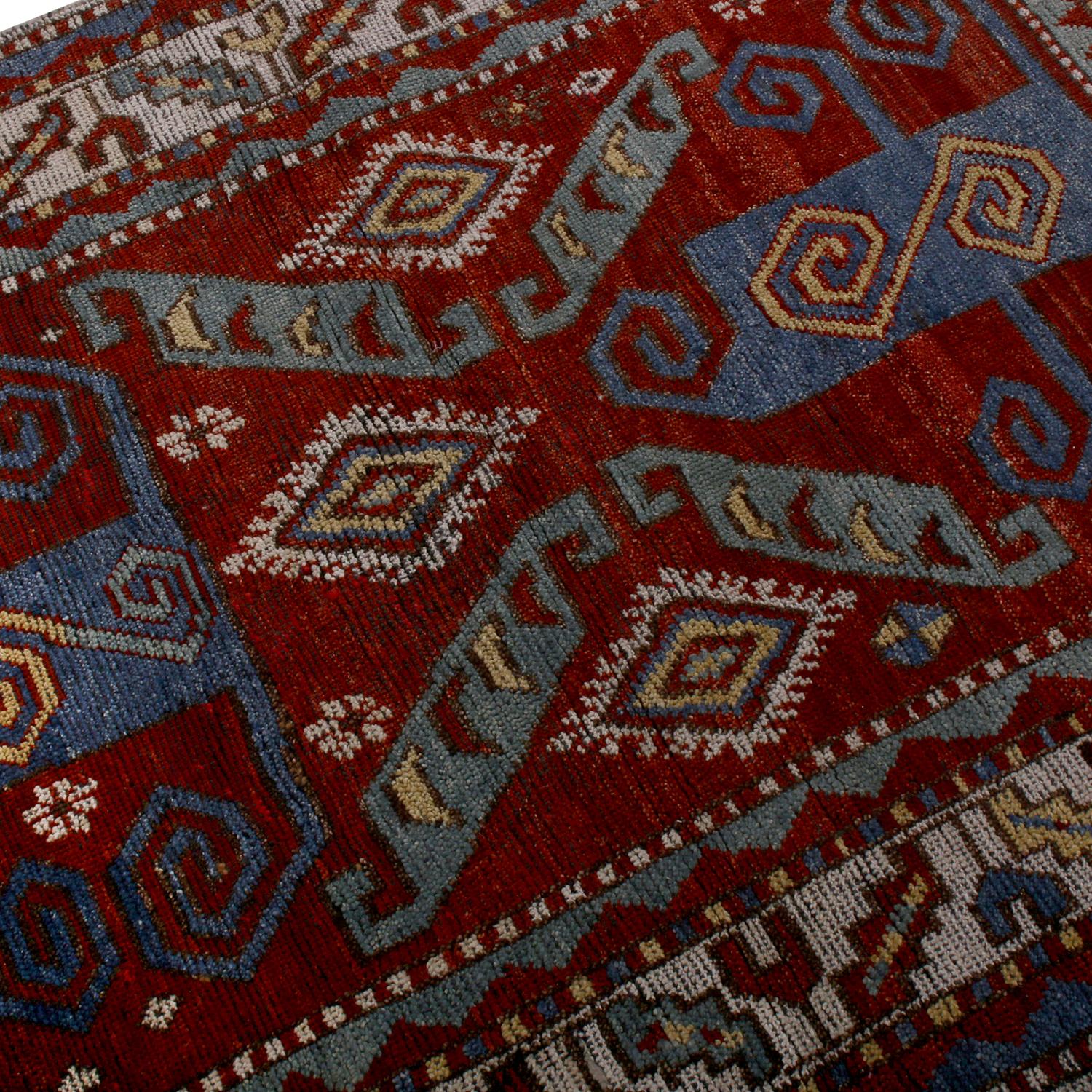 Indian Rug & Kilim’s Burano Kazak Style Geometric Beige Red and Blue Wool Custom Rug For Sale