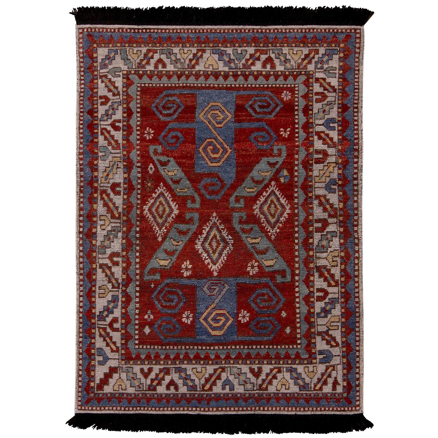 Teppich & Kilim's Burano Kazak Style Geometrisch Beige Rot und Blau Wolle Custom Rug