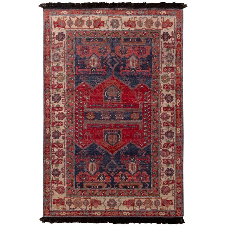 Rug & Kilim’s Burano Persian Hamadan Style Beige and Red Wool Rug For Sale