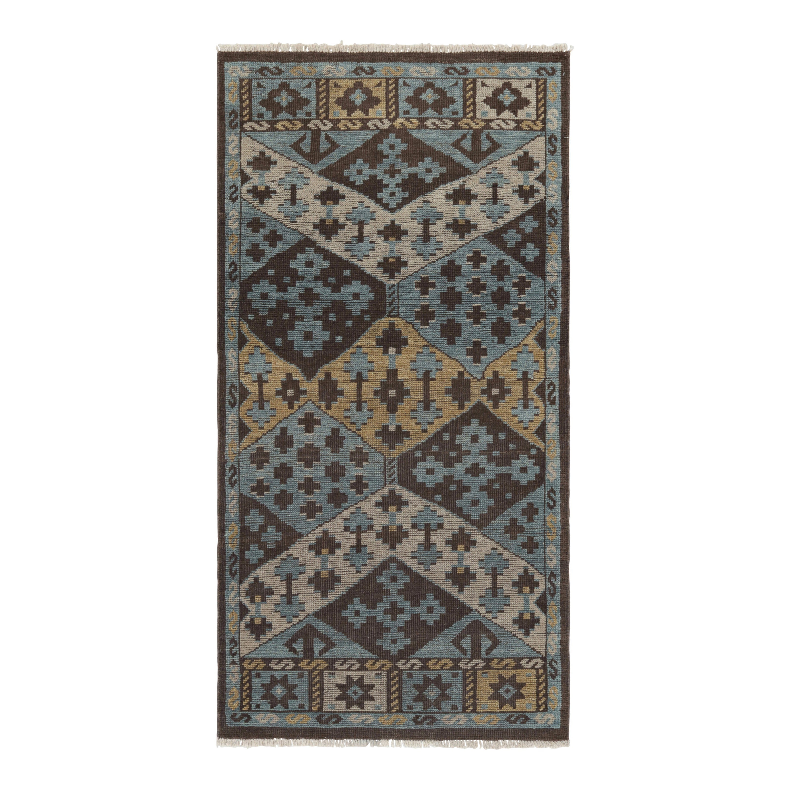 Rug & Kilim’s Burano Runner Rug in Blue, Gold and Brown with Geometric Patterns For Sale