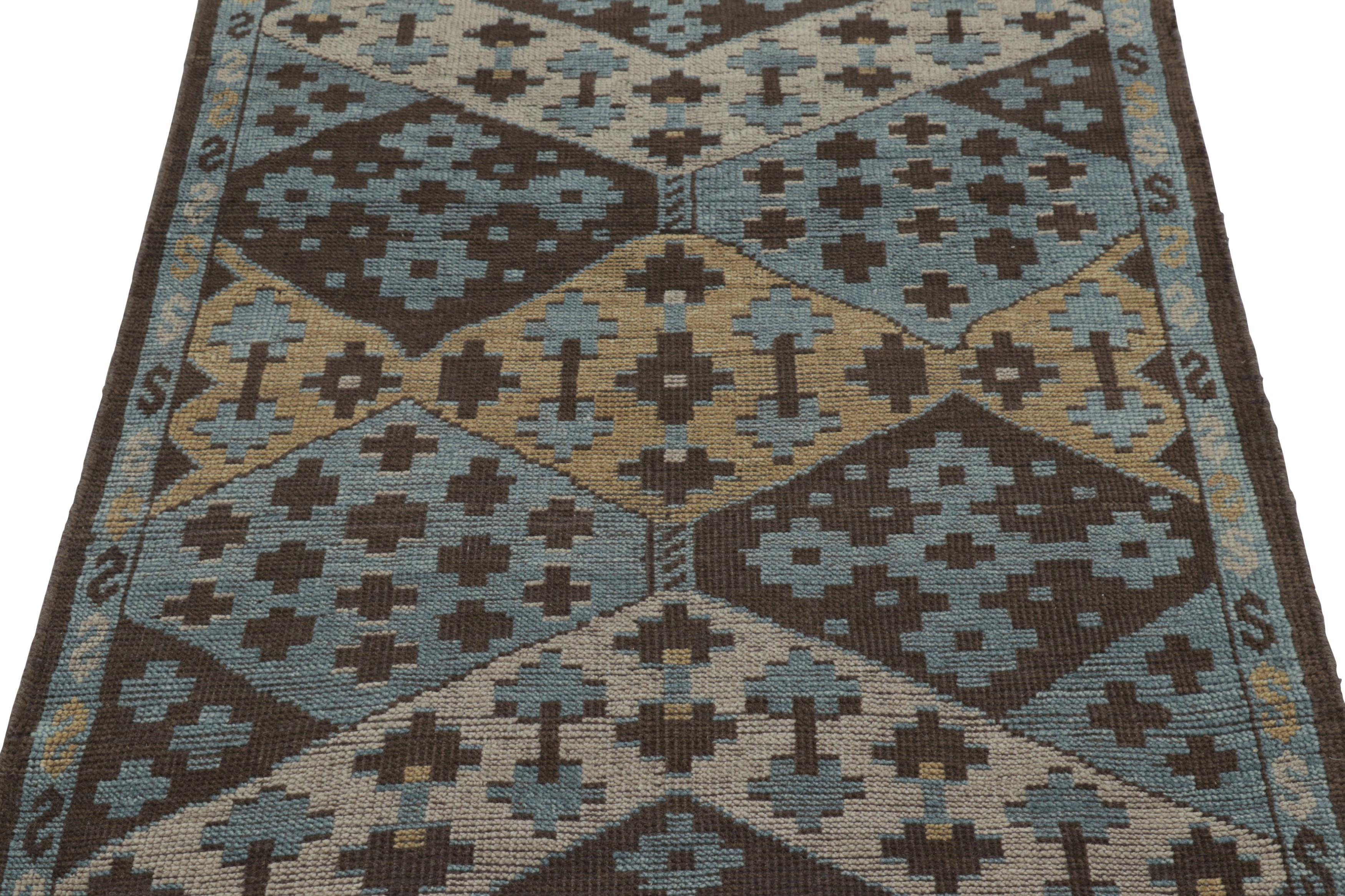  Made with hand-knotted wool, this 3x6 runner rug is the latest addition to Rug & Kilim's custom-classics Burano Collection.

On the Design: 

This contemporary design adapts traditional Central Asian iconography into a structured geometric design