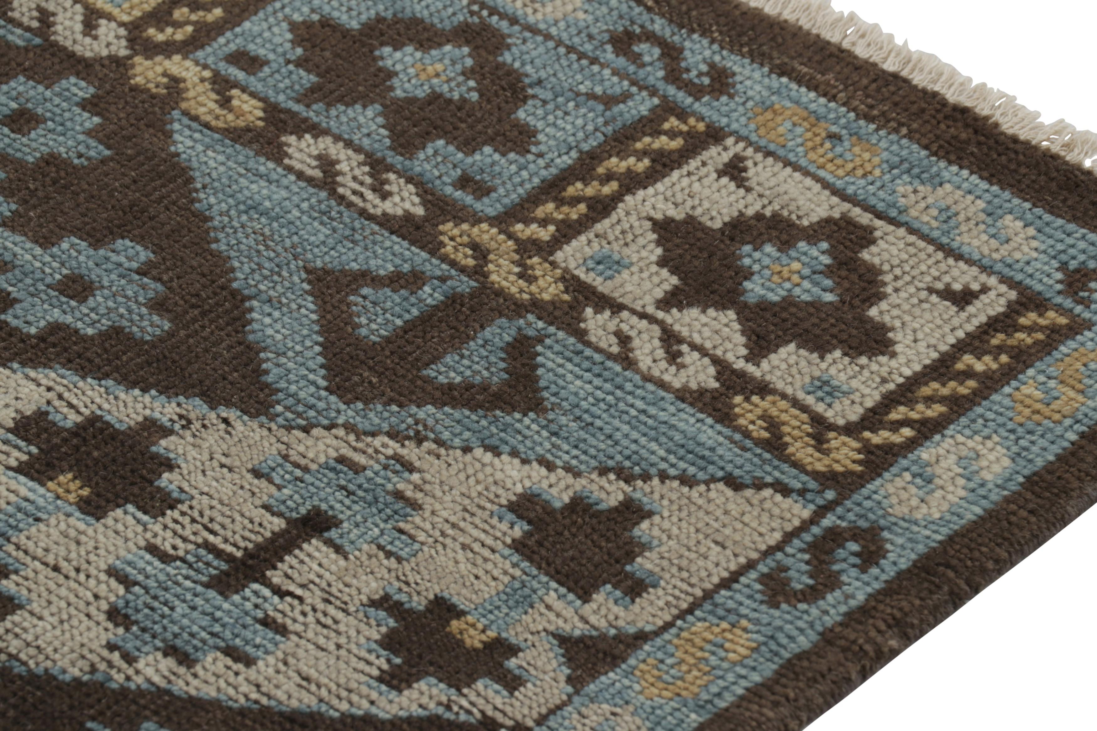 Modern Rug & Kilim’s Burano Runner Rug in Blue, Gold and Brown with Geometric Patterns For Sale