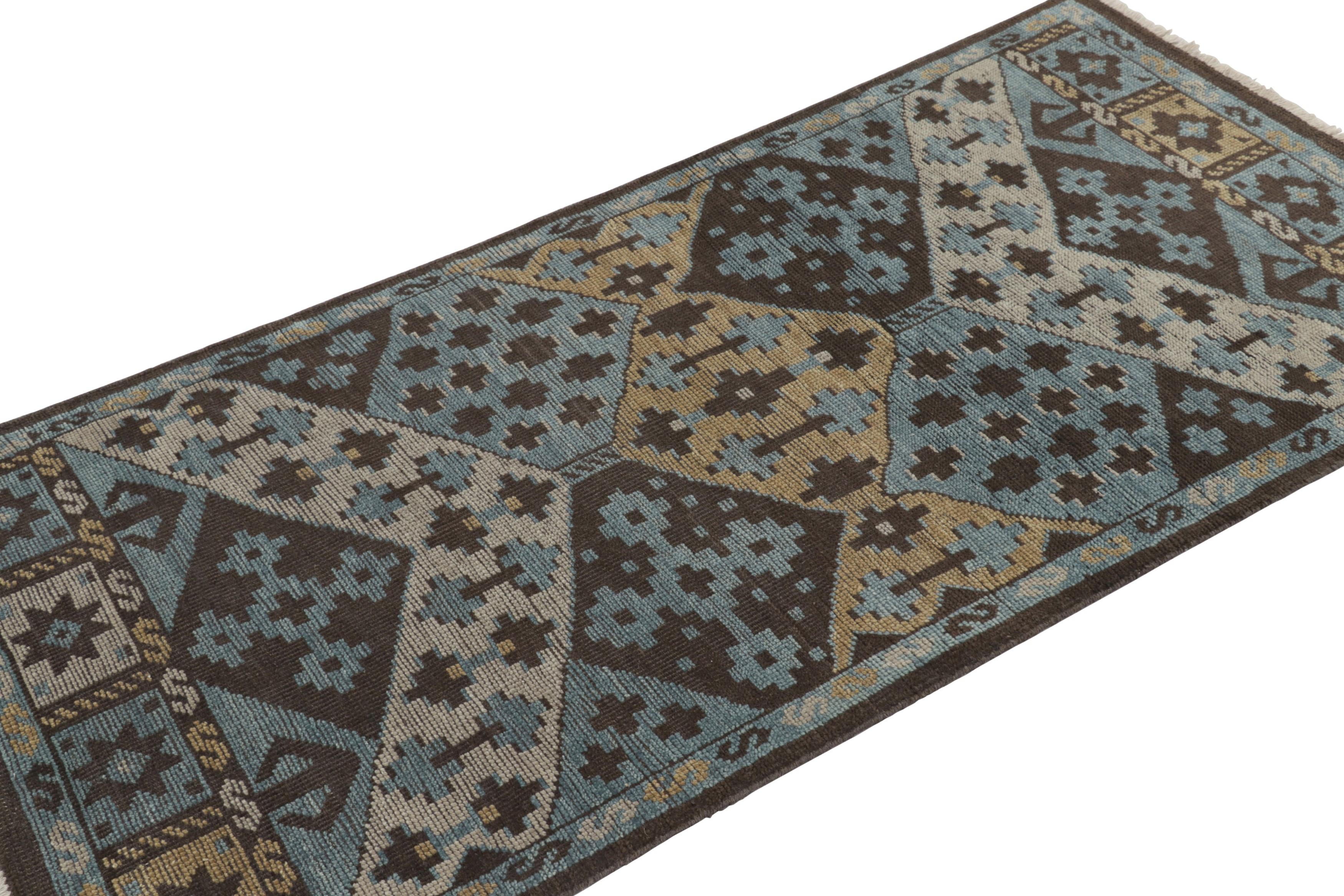 Indian Rug & Kilim’s Burano Runner Rug in Blue, Gold and Brown with Geometric Patterns For Sale