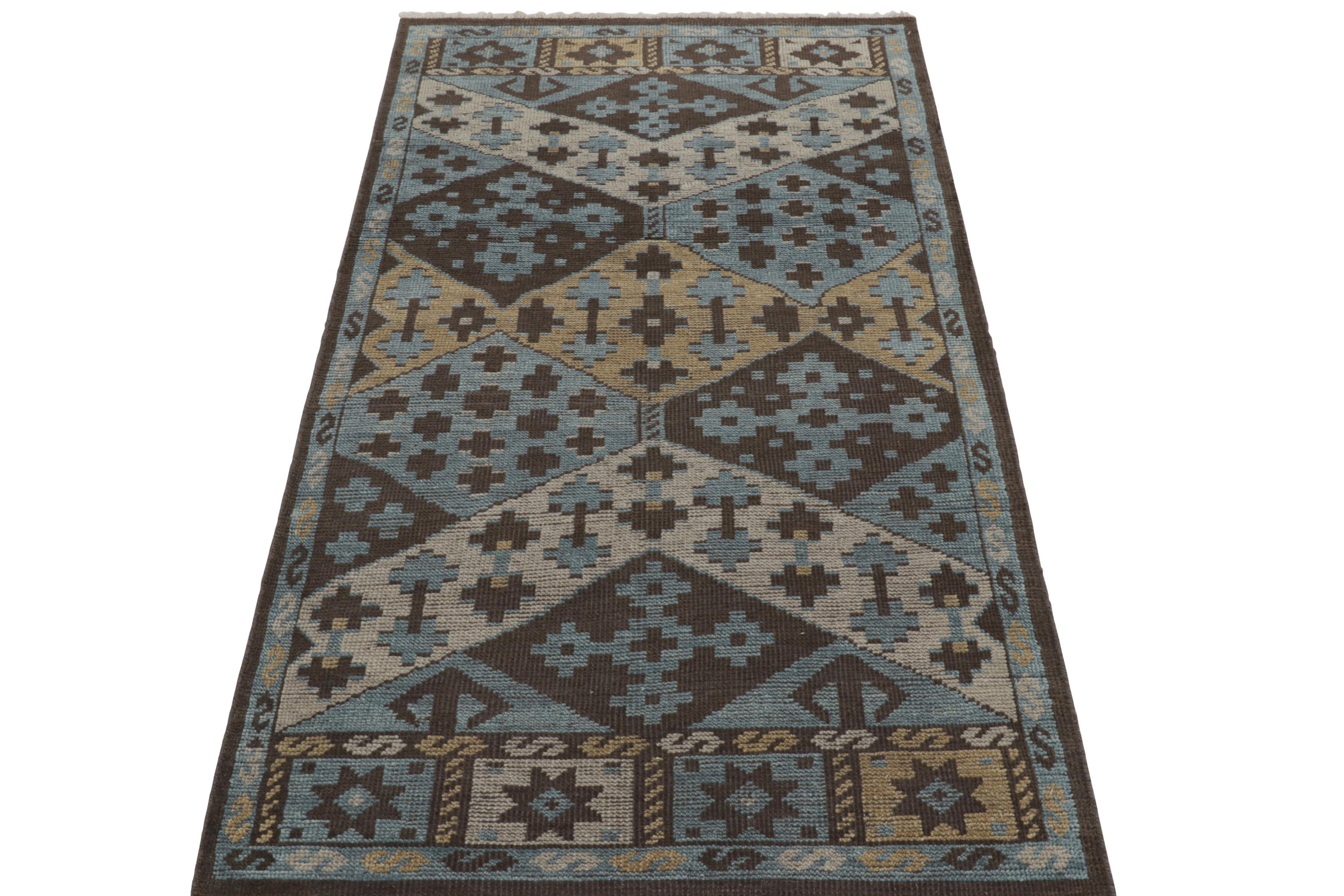 Hand-Knotted Rug & Kilim’s Burano Runner Rug in Blue, Gold and Brown with Geometric Patterns For Sale