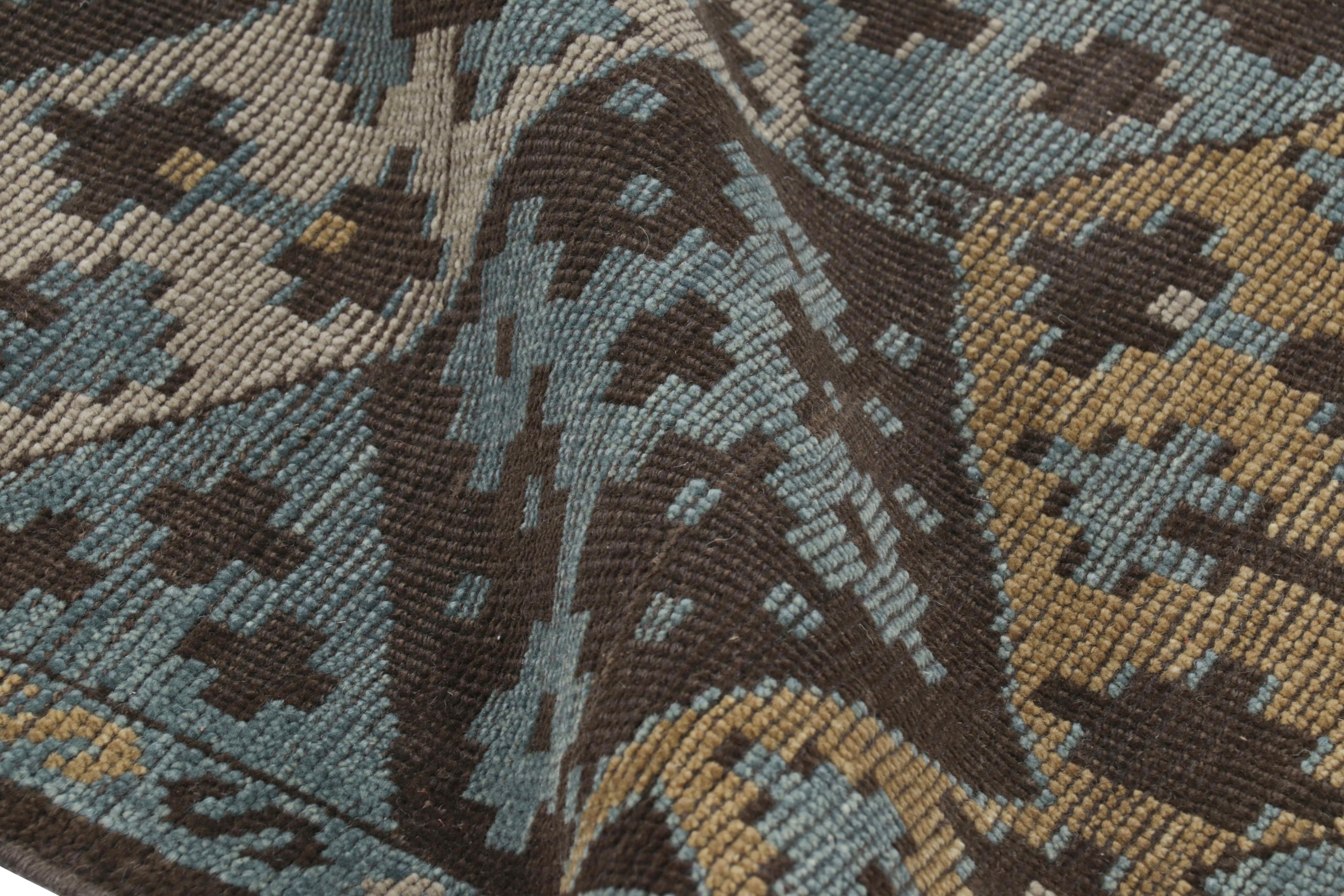 Contemporary Rug & Kilim’s Burano Runner Rug in Blue, Gold and Brown with Geometric Patterns For Sale