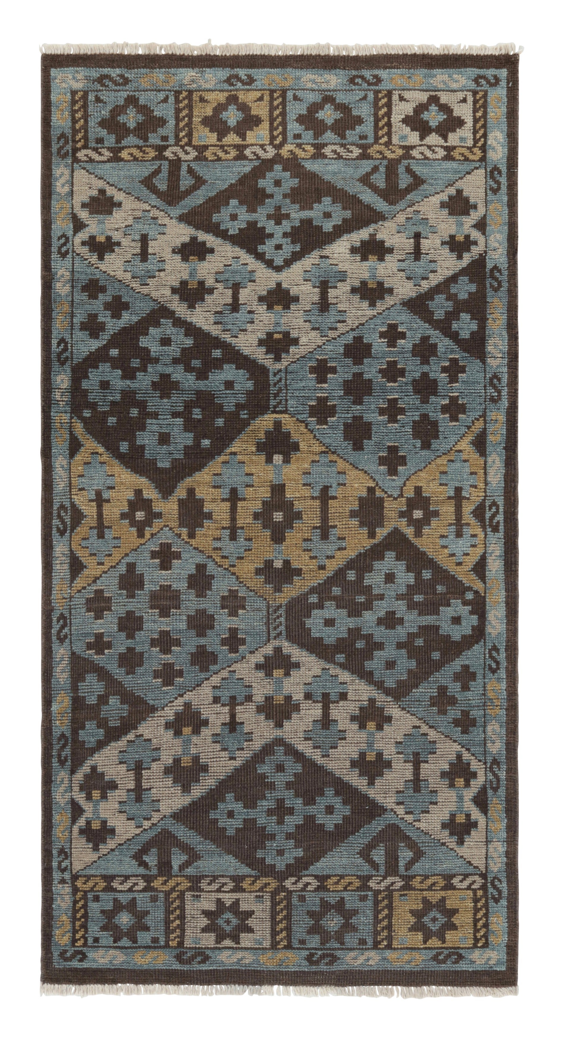 Rug & Kilim’s Burano Runner Rug in Blue, Gold and Brown with Geometric Patterns