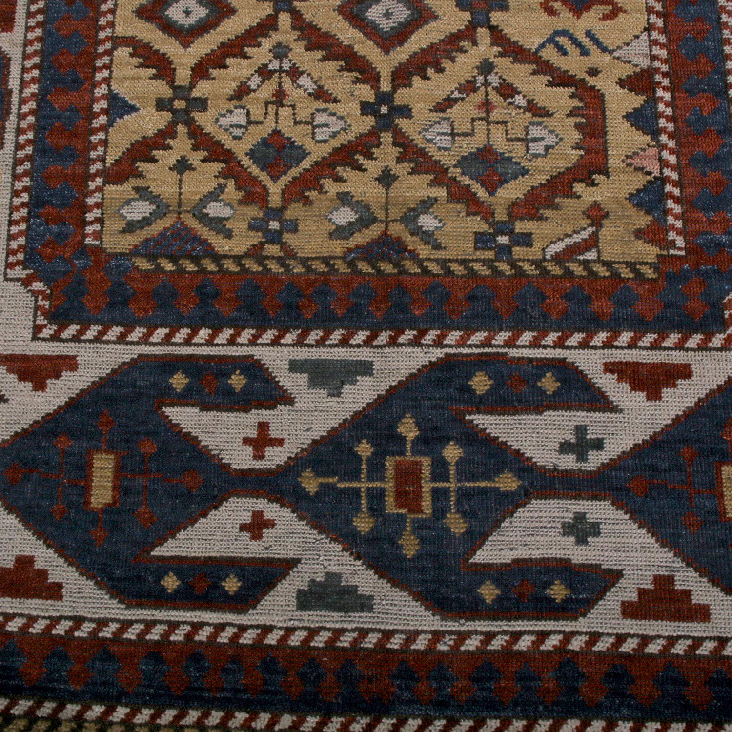 Tribal Rug & Kilim’s Burano Seychour Style Beige-Brown Blue and Red Wool Custom Rug