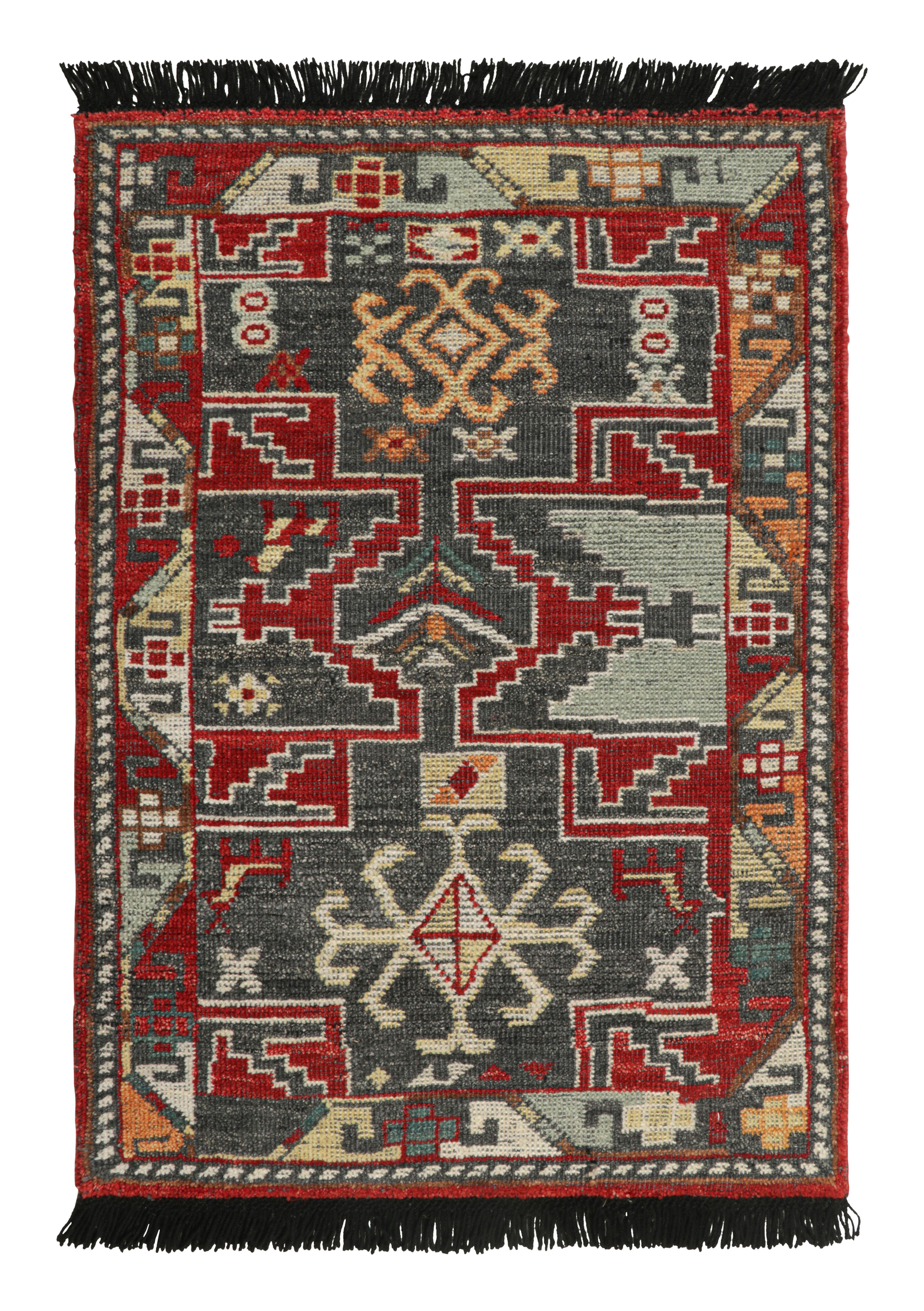 Hand-Knotted Rug & Kilim’s Caucasian Custom Rug Sample with Red, Charcoal Geometric Patterns For Sale