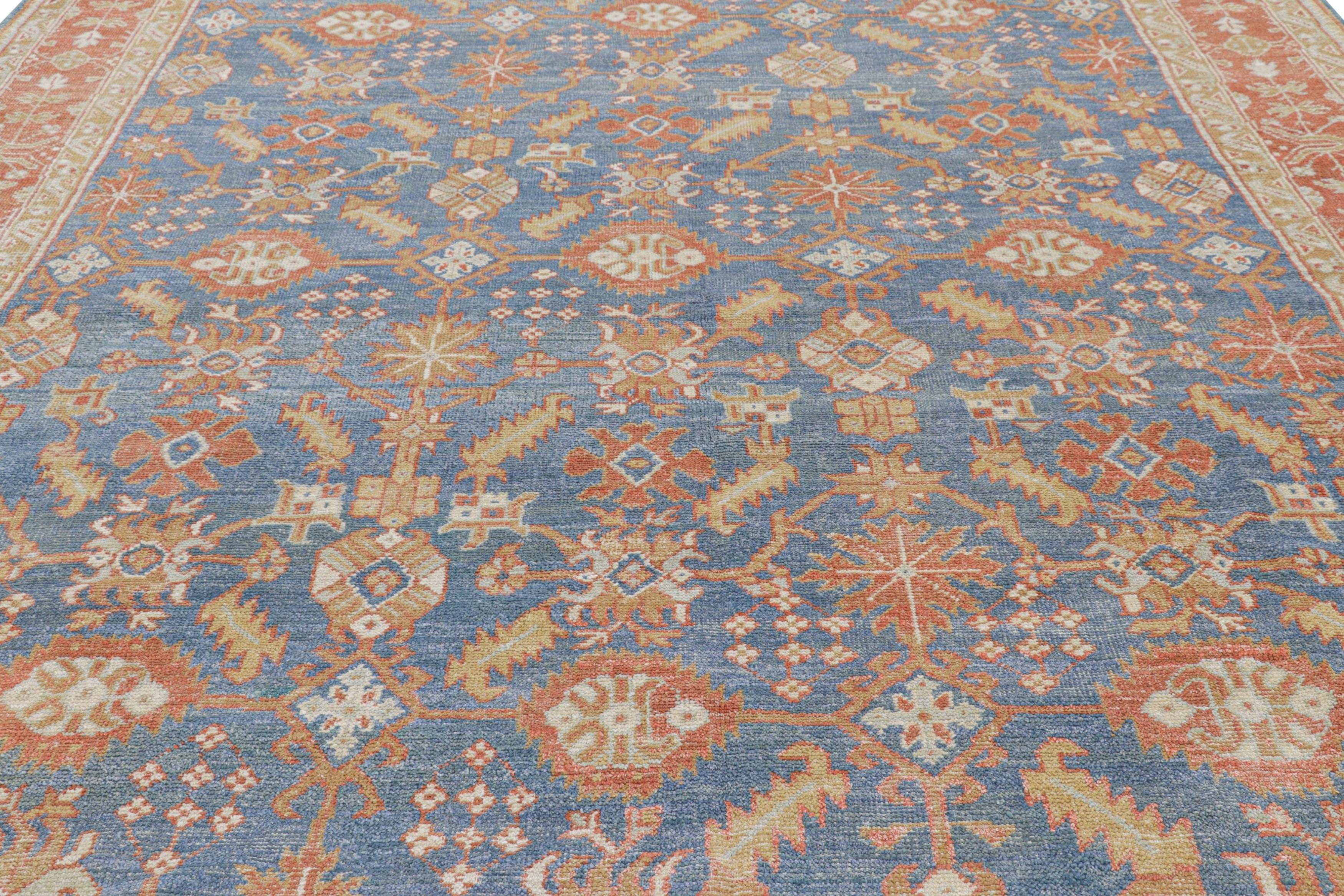 Made with hand-knotted wool and silk, this 9x12 contemporary rug is inspired by vintage and antique Oushak rug designs, and represents an exciting new line in Rug & Kilim’s Modern Classics Collection.

In this piece, a blue field underscores