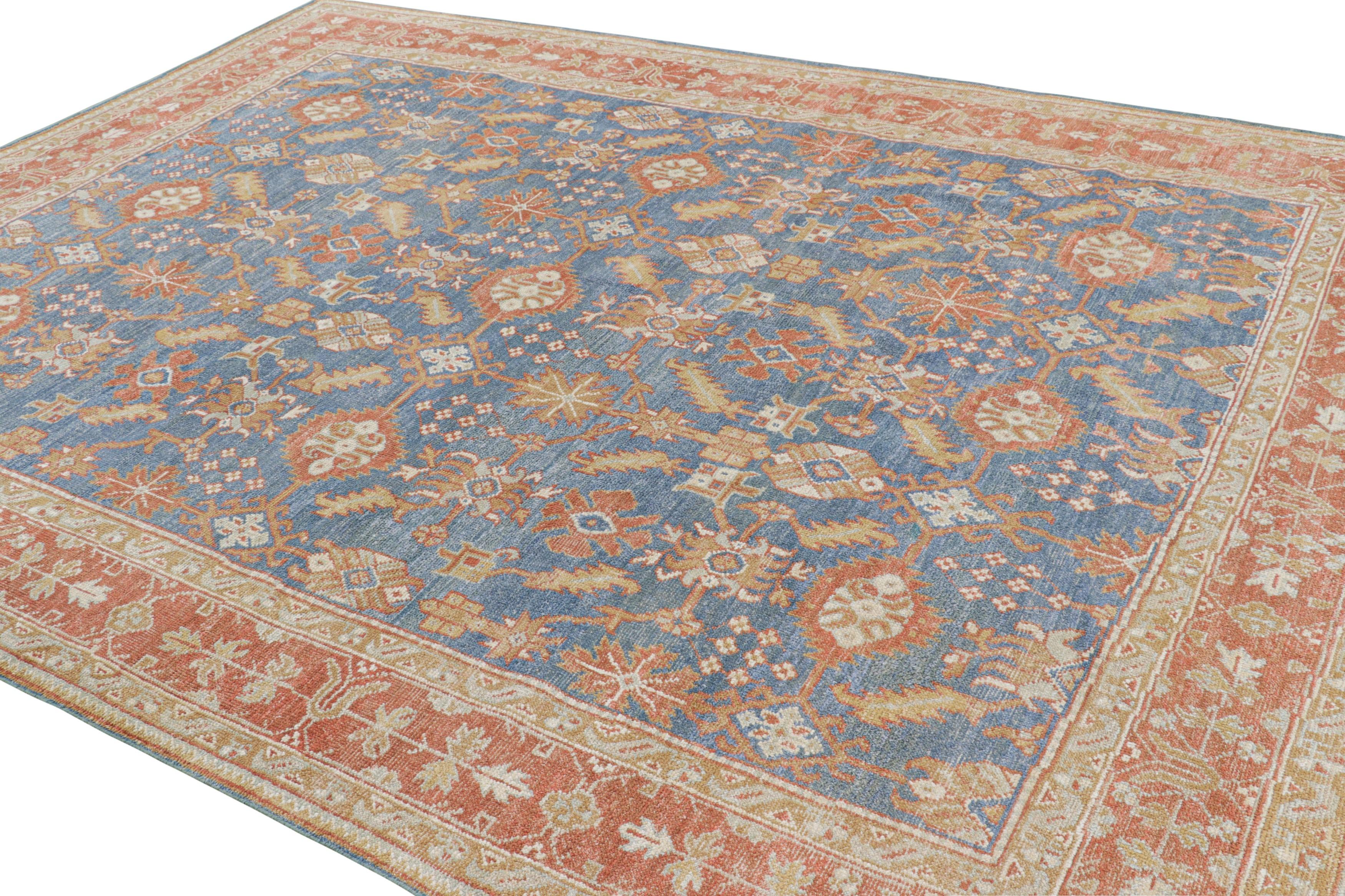 Indian Rug & Kilim’s Oushak Rug in Blue and Red with Geometric Floral Patterns For Sale