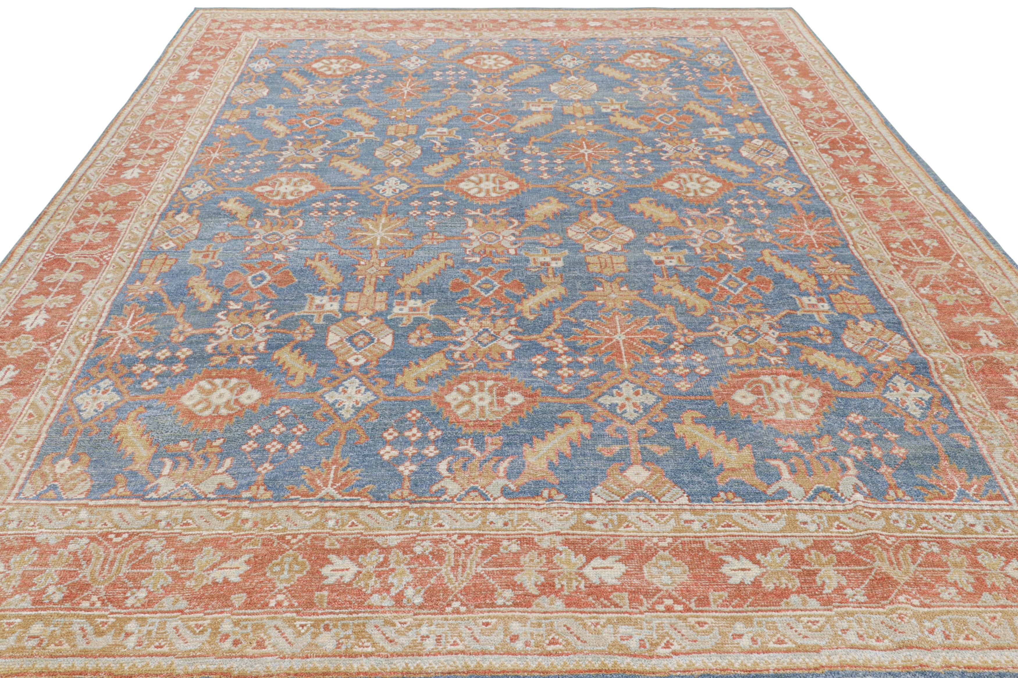 Hand-Knotted Rug & Kilim’s Oushak Rug in Blue and Red with Geometric Floral Patterns For Sale