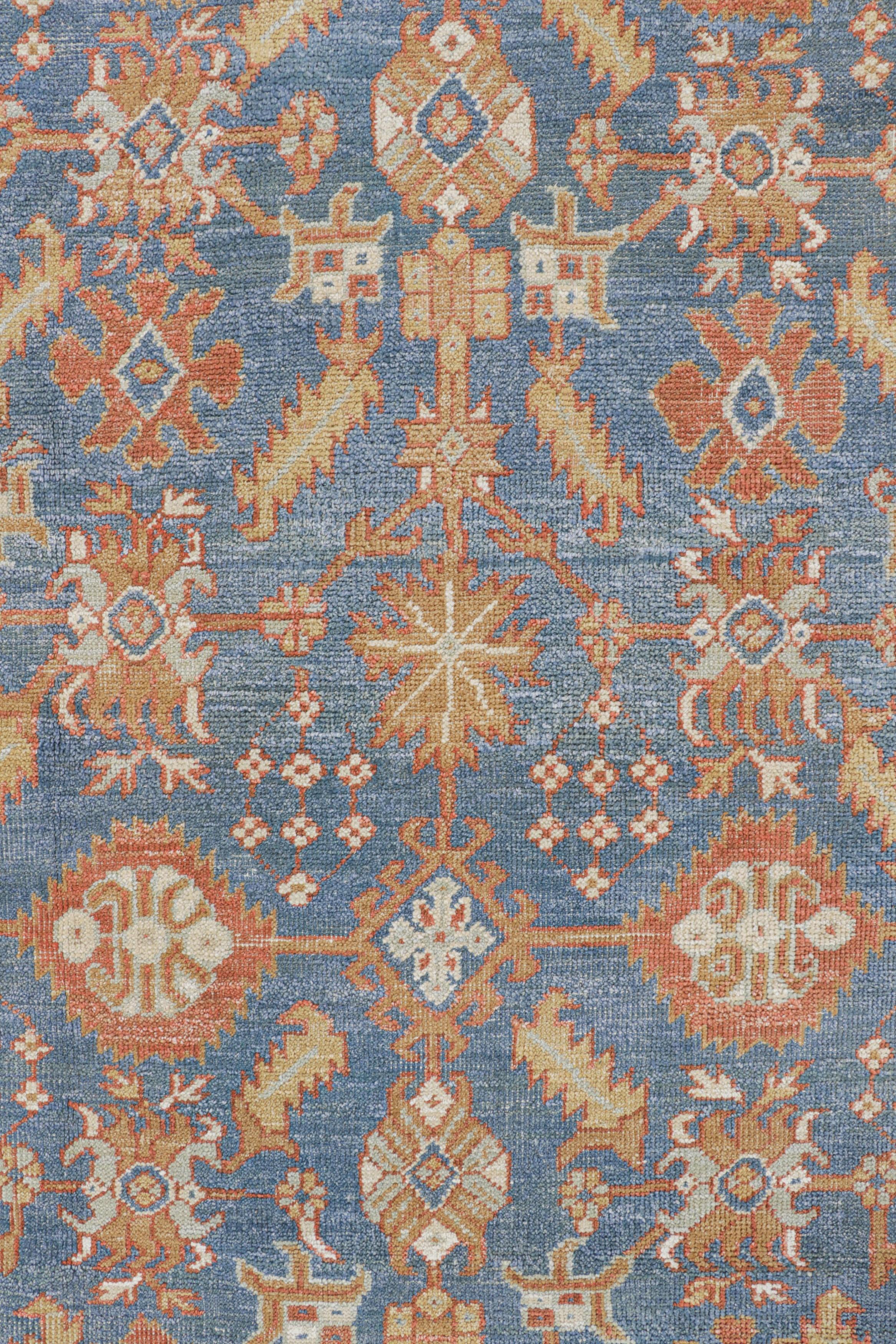 Rug & Kilim’s Oushak Rug in Blue and Red with Geometric Floral Patterns In New Condition For Sale In Long Island City, NY