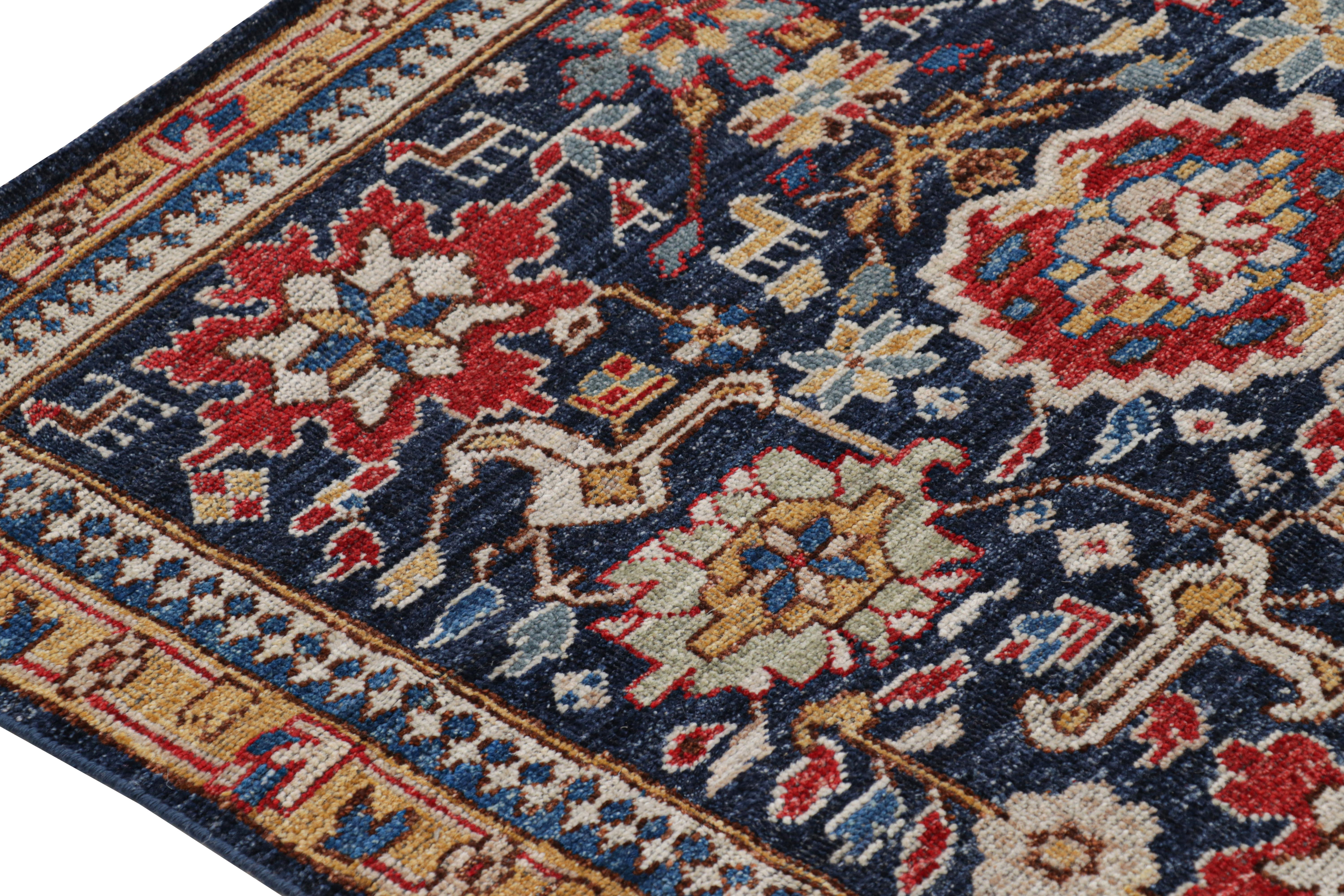 Indien Rug & Kilim's Caucasian Kuba Style Rug in Blue with Pictorial & Floral Patterns en vente