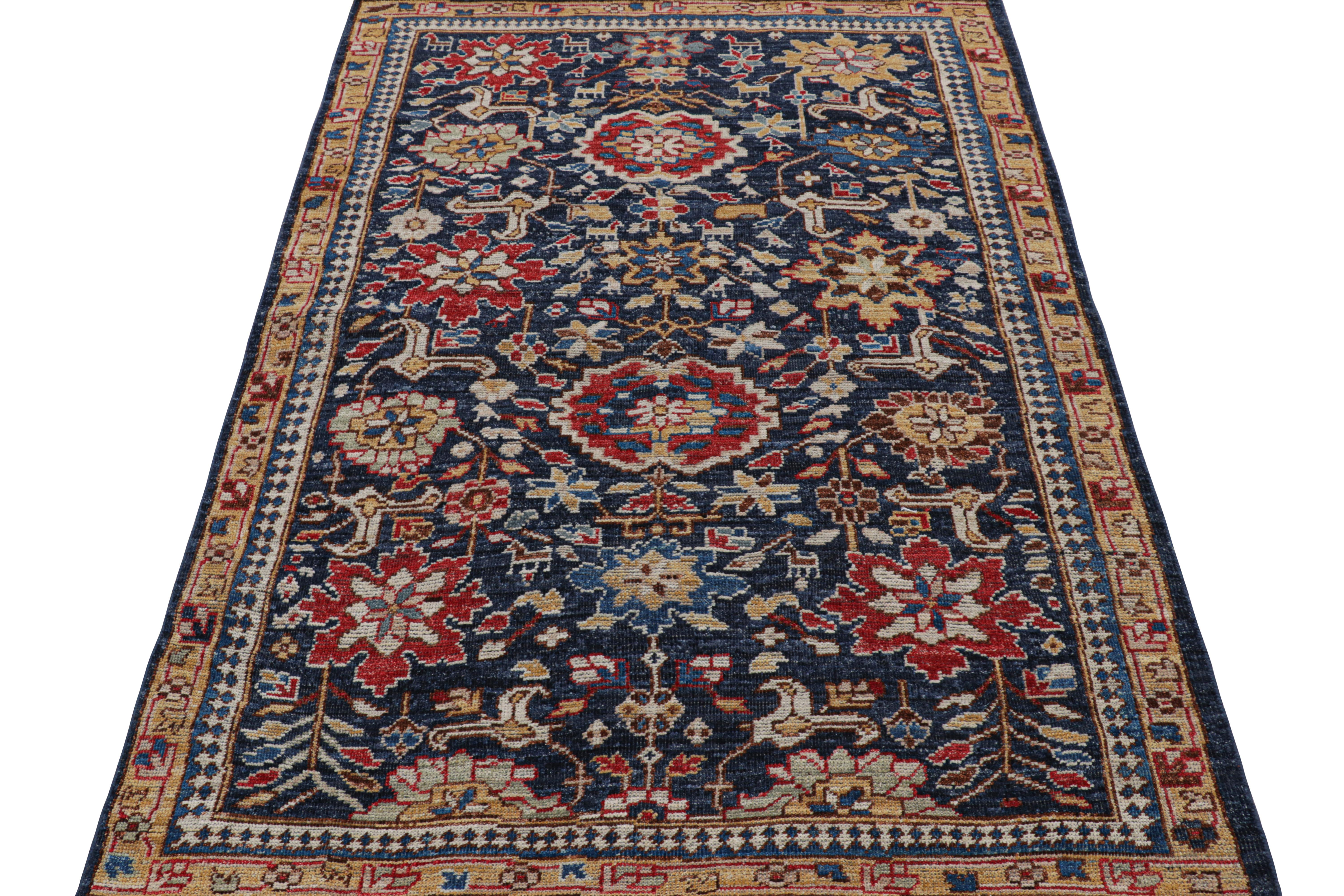 Noué à la main Rug & Kilim's Caucasian Kuba Style Rug in Blue with Pictorial & Floral Patterns en vente