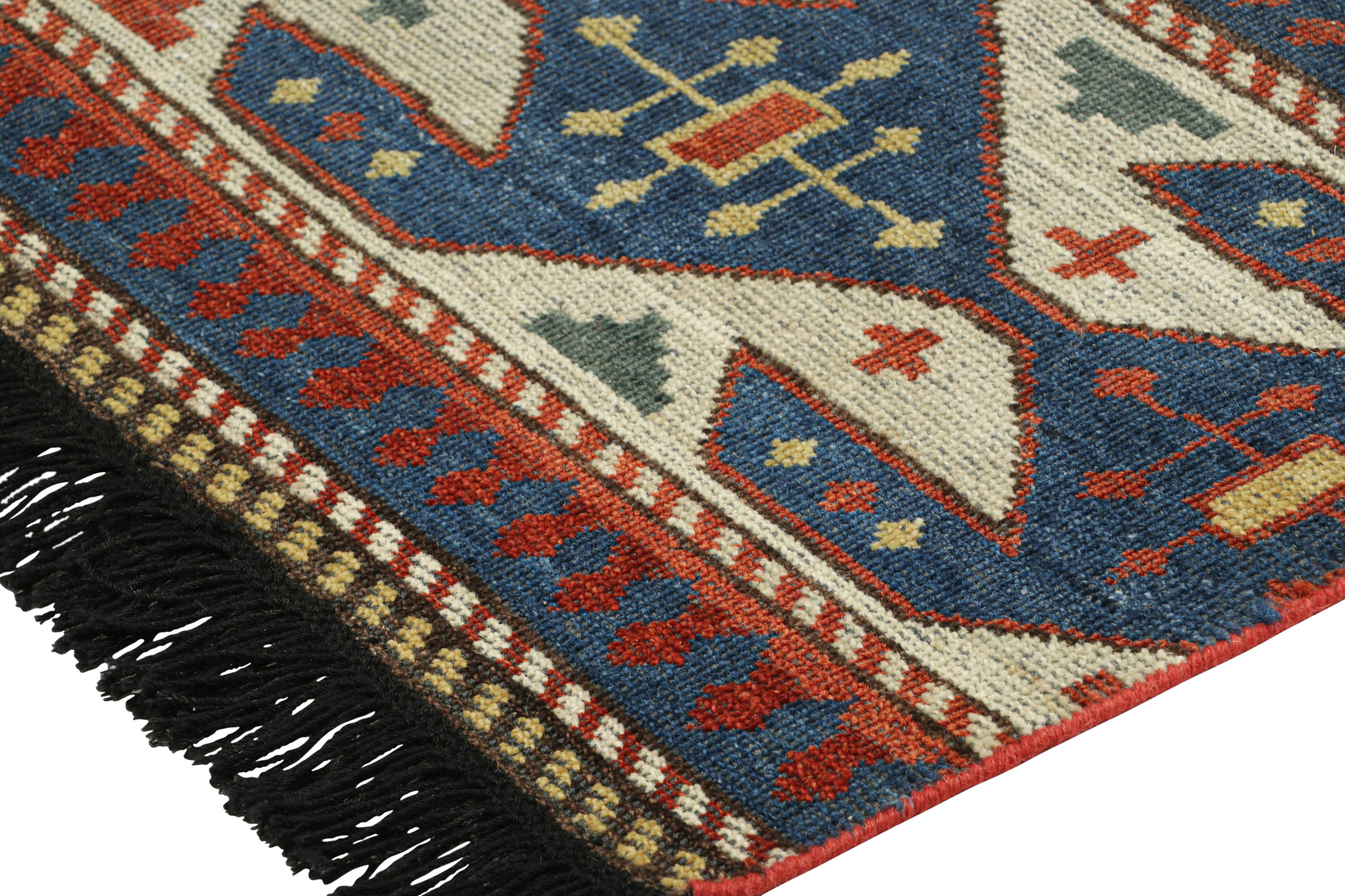 Indian Rug & Kilim’s Caucasian Kuba Style Rug in Gold, Red and Blue with Geometric For Sale