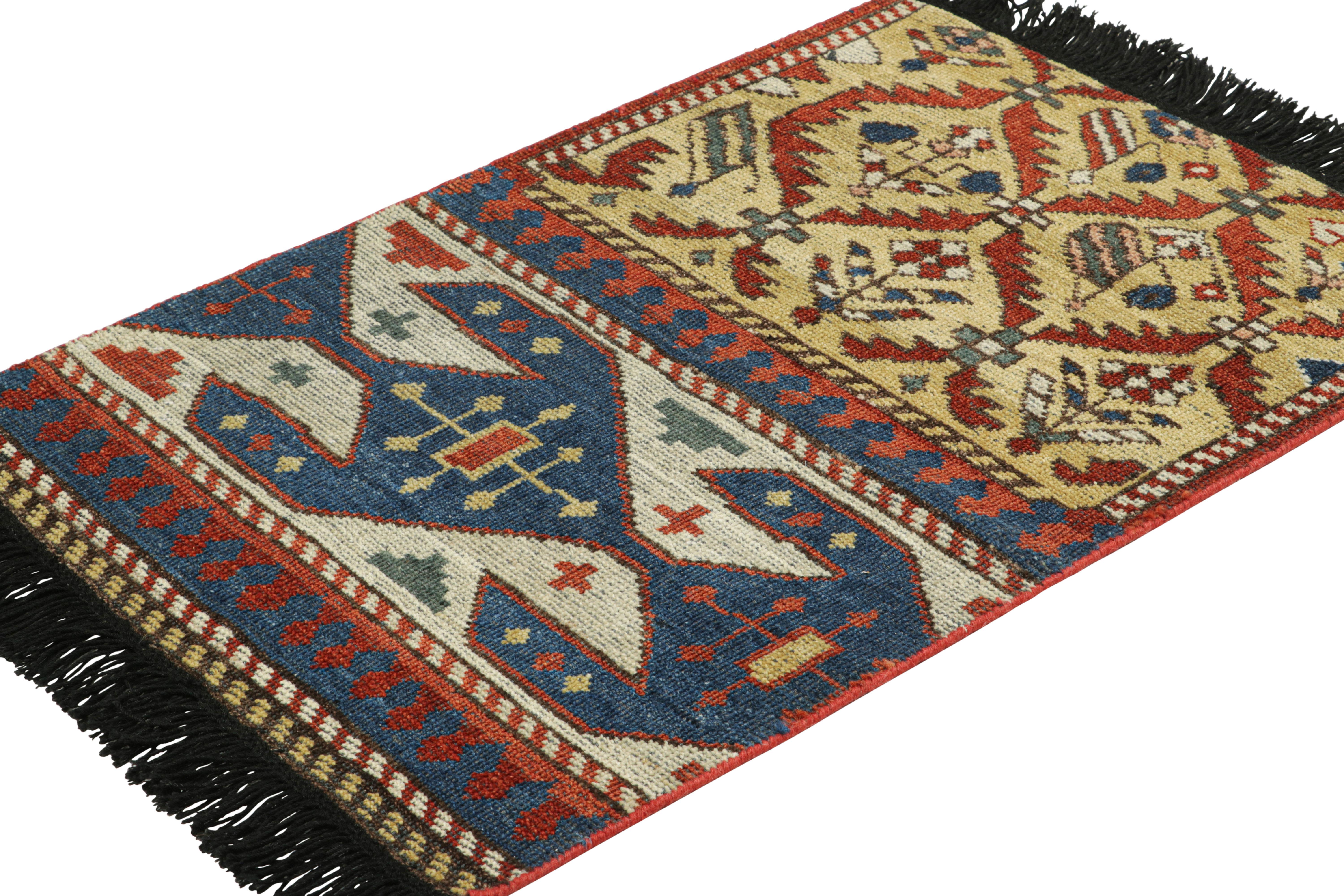 Hand-Knotted Rug & Kilim’s Caucasian Kuba Style Rug in Gold, Red and Blue with Geometric For Sale