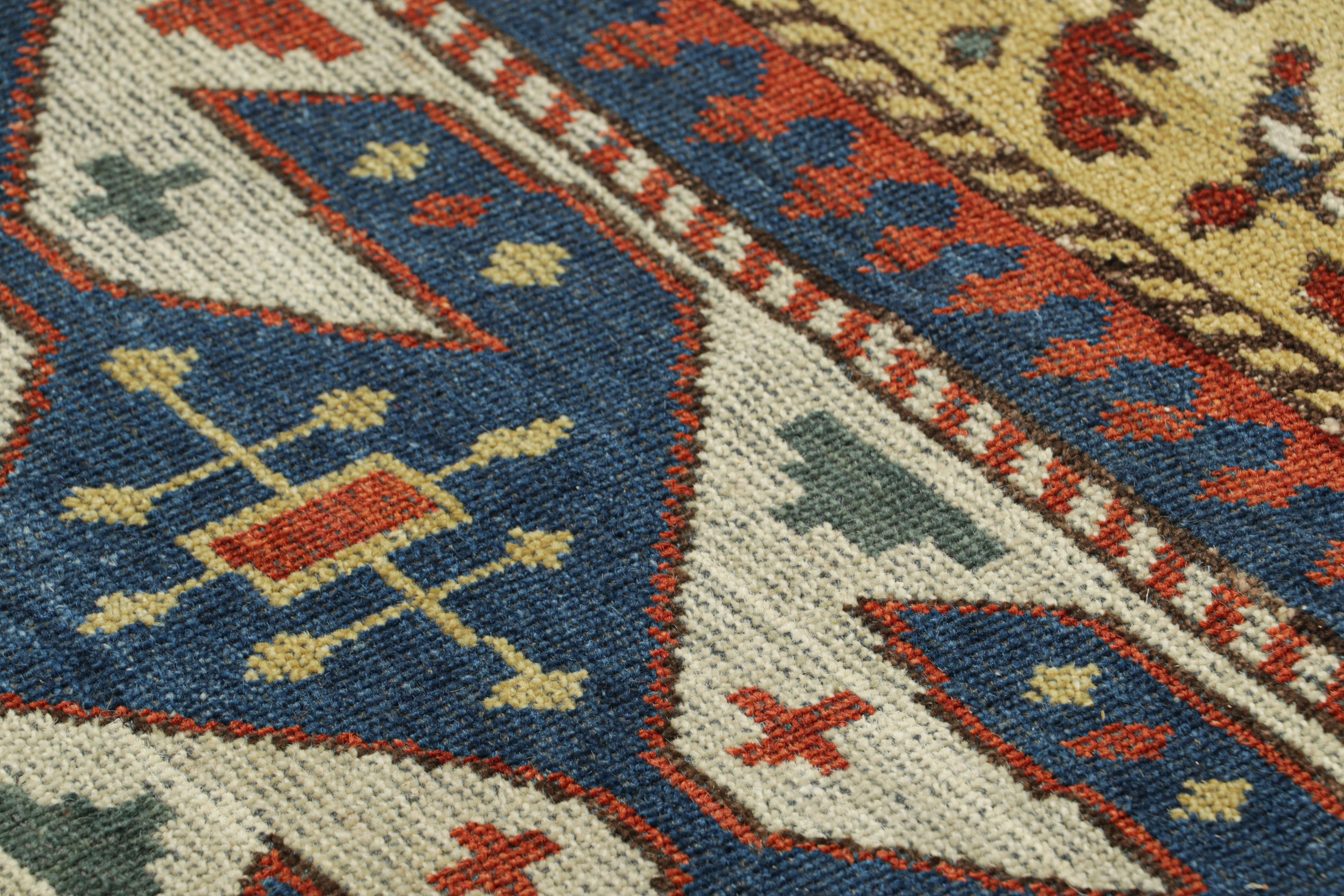 Contemporary Rug & Kilim’s Caucasian Kuba Style Rug in Gold, Red and Blue with Geometric For Sale
