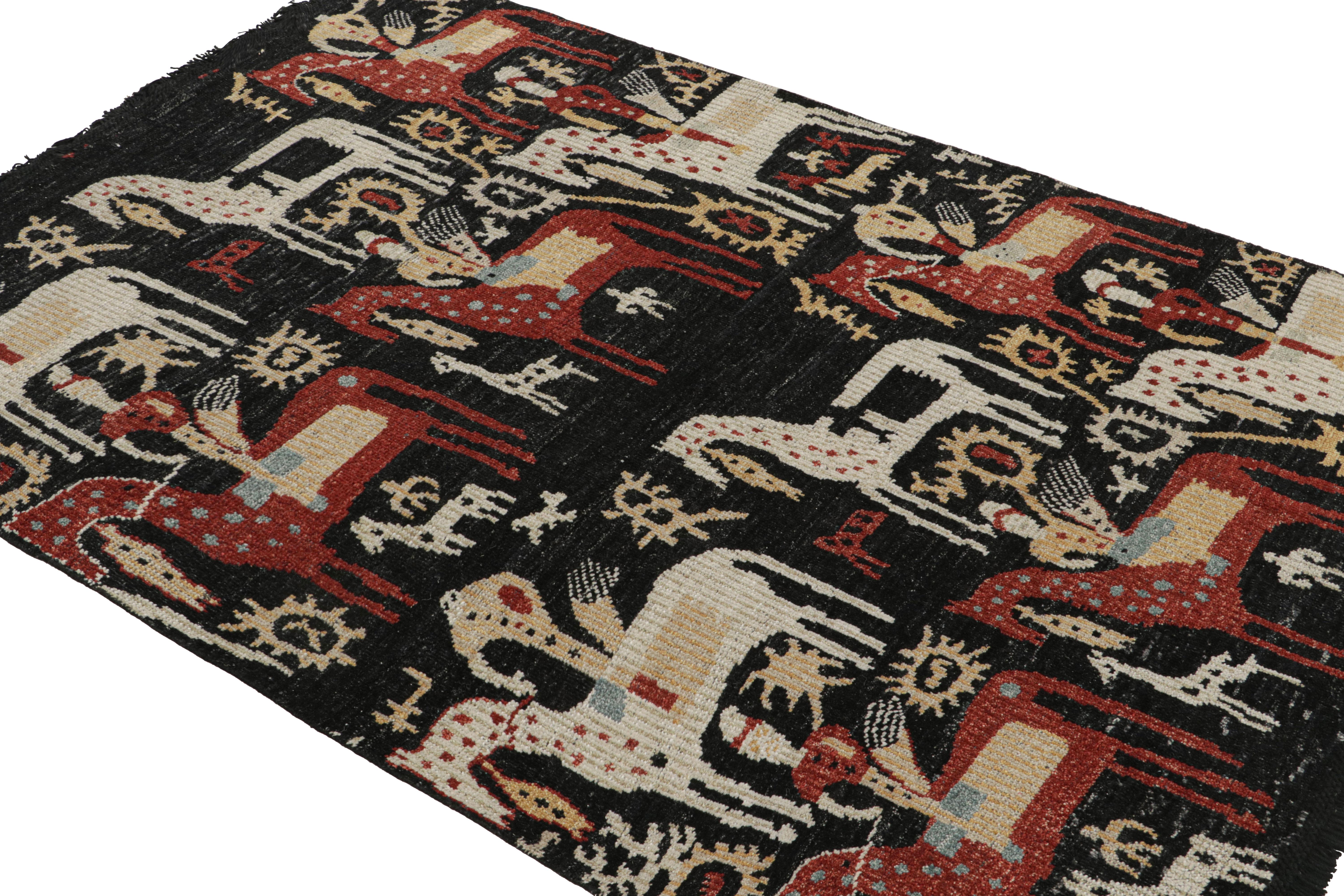 Ispirato agli antichi tappeti pittorici caucasici di provenienza Kaitag, questo tappeto 4x6 della nostra collezione Burano è annodato a mano in lana Ghazni. 

Sul design: 

Il campo è caratterizzato da un campo nero che sottolinea i cavalieri a