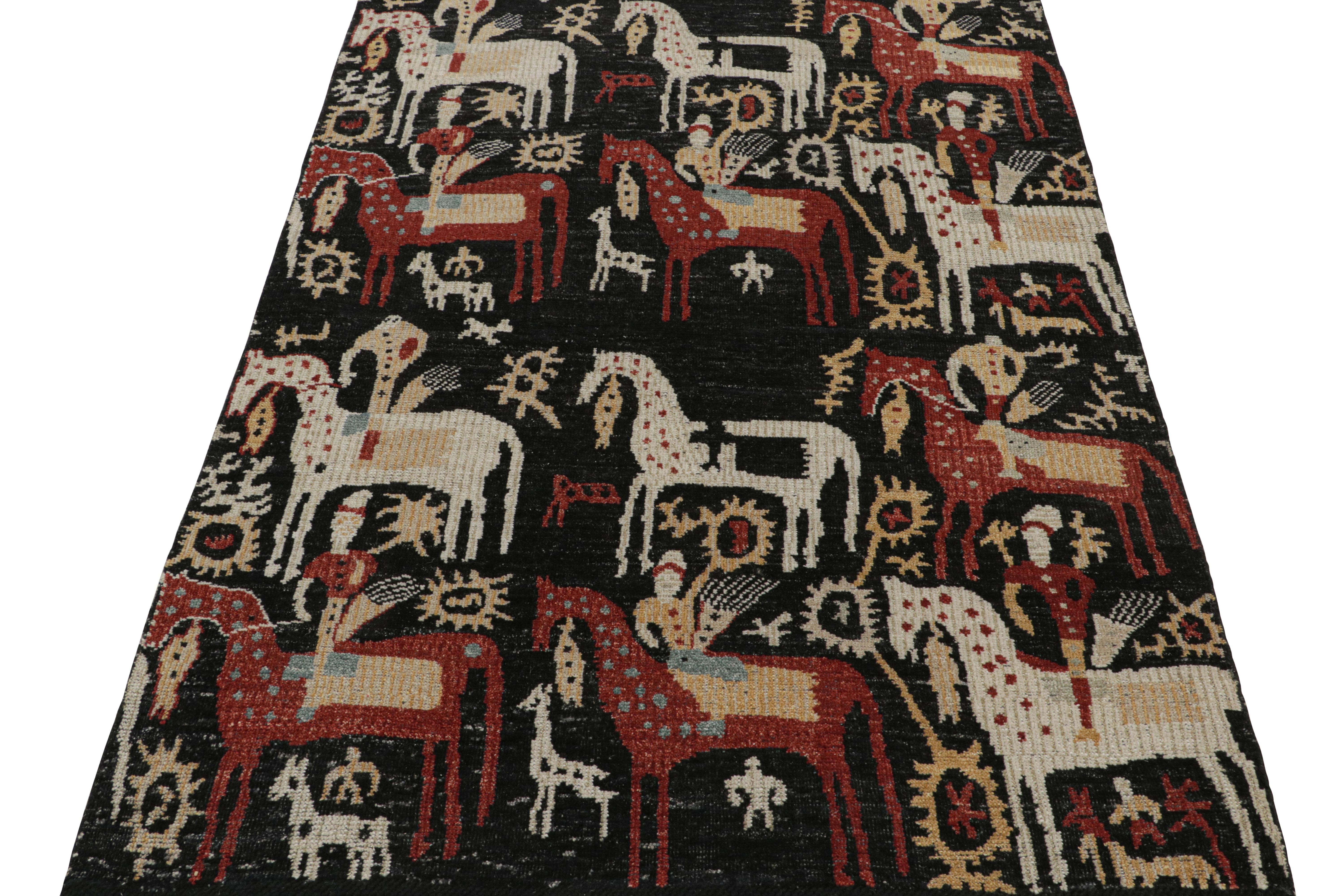 Modern Rug & Kilim’s Caucasian-Style Rug in Black with Horseback Rider Pictorials For Sale