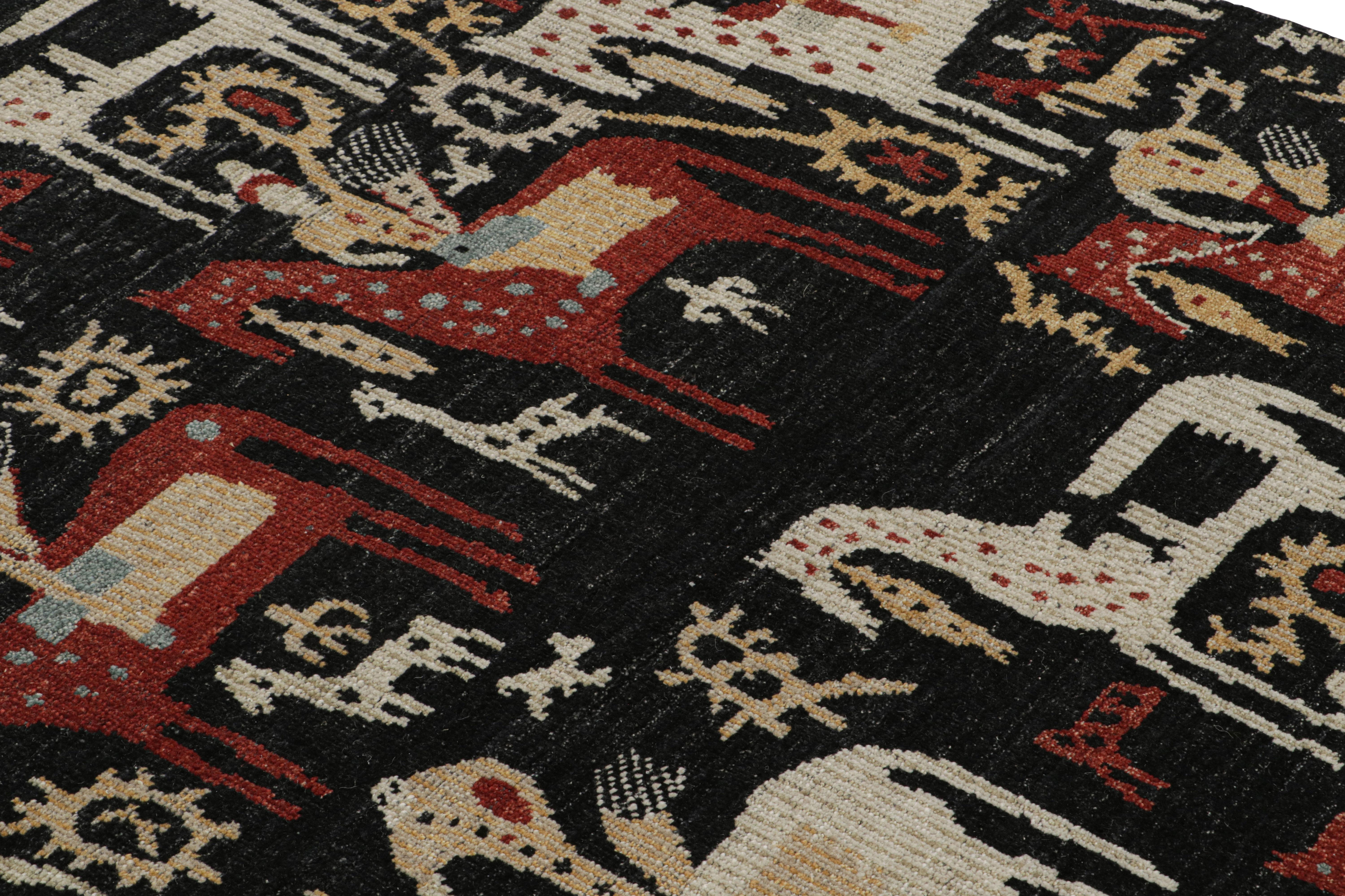 Indian Rug & Kilim’s Caucasian-Style Rug in Black with Horseback Rider Pictorials For Sale