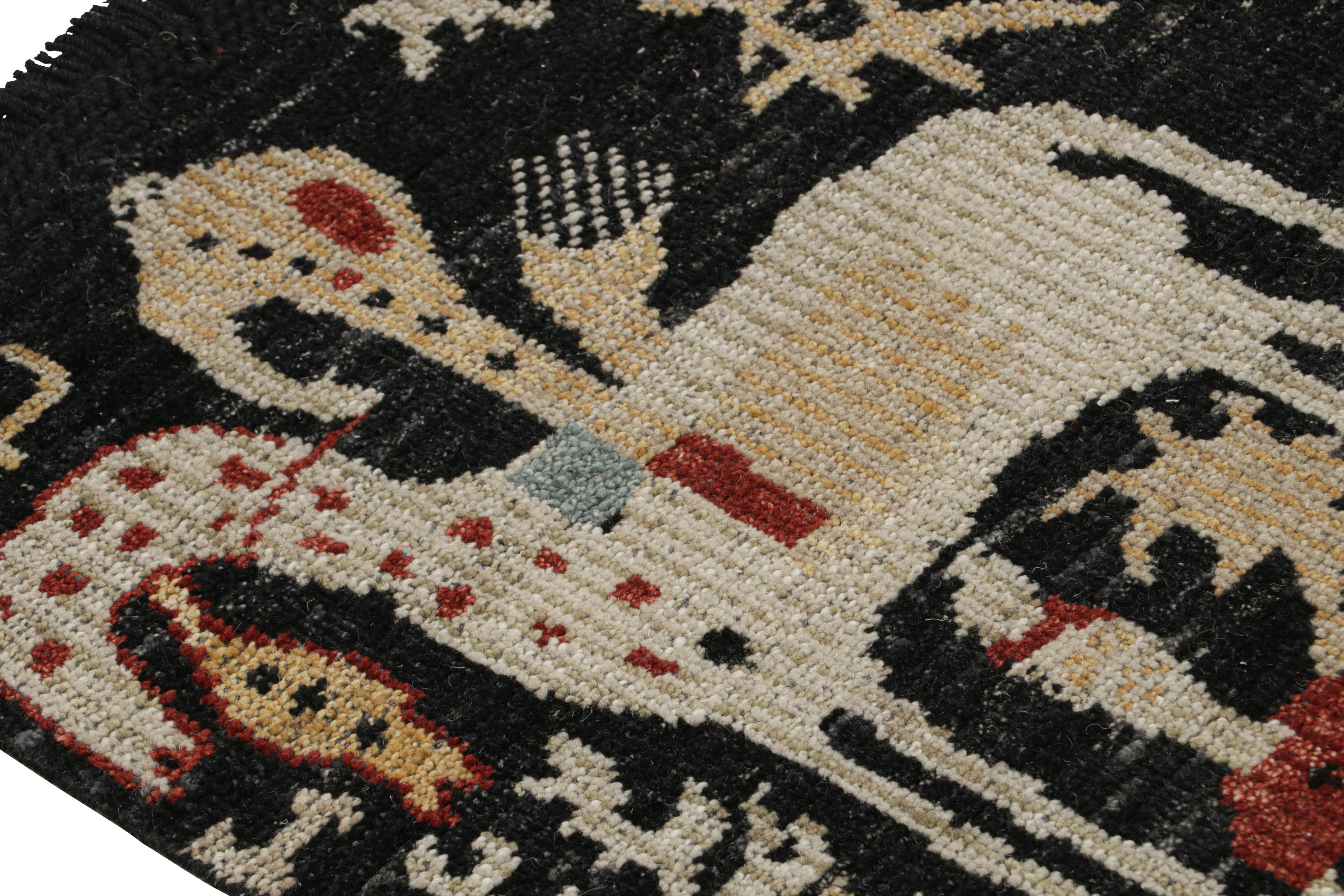 Hand-Knotted Rug & Kilim’s Caucasian-Style Rug in Black with Horseback Rider Pictorials For Sale