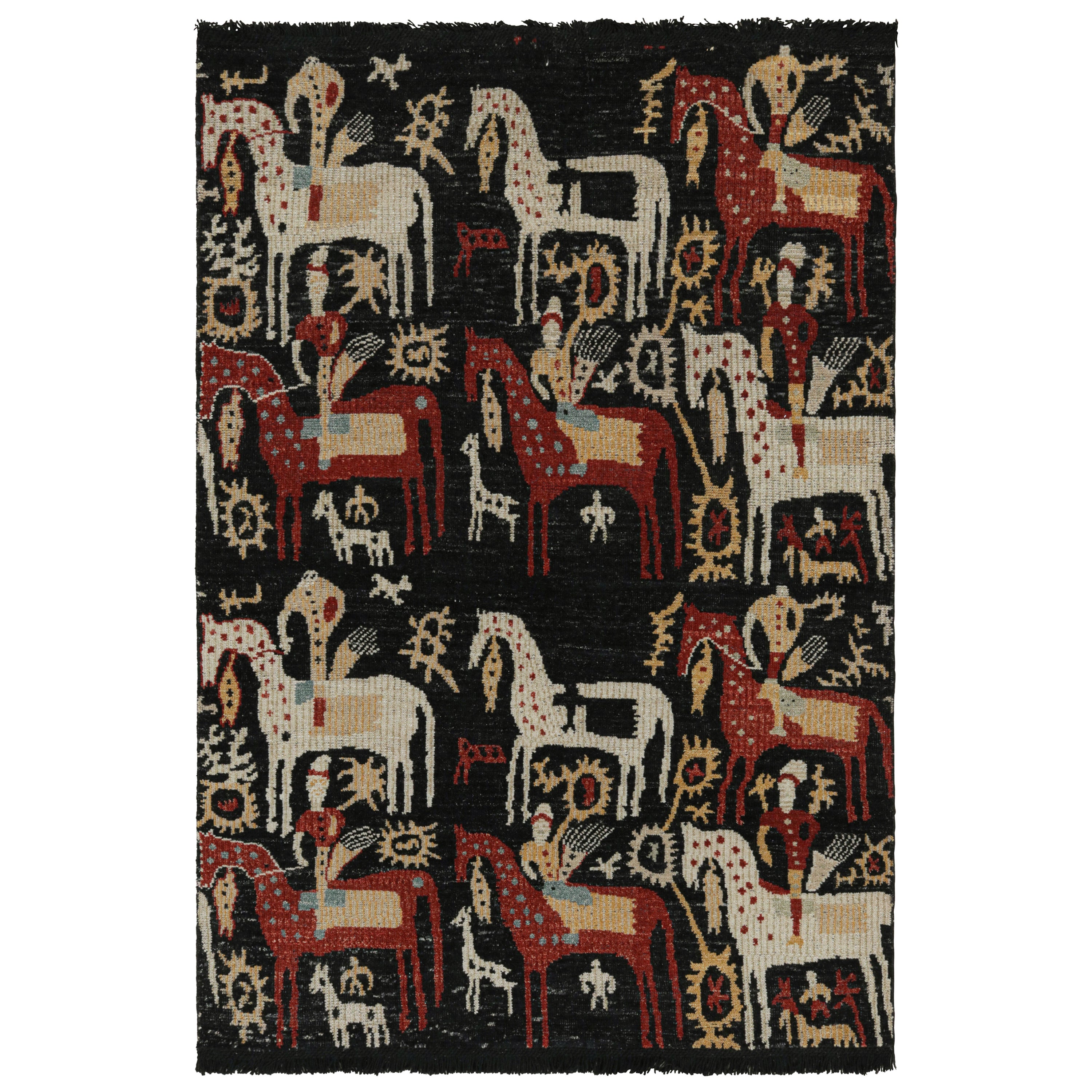 Rug & Kilim è un tappeto in stile caucasico in nero con immagini di cavalieri a cavallo in vendita
