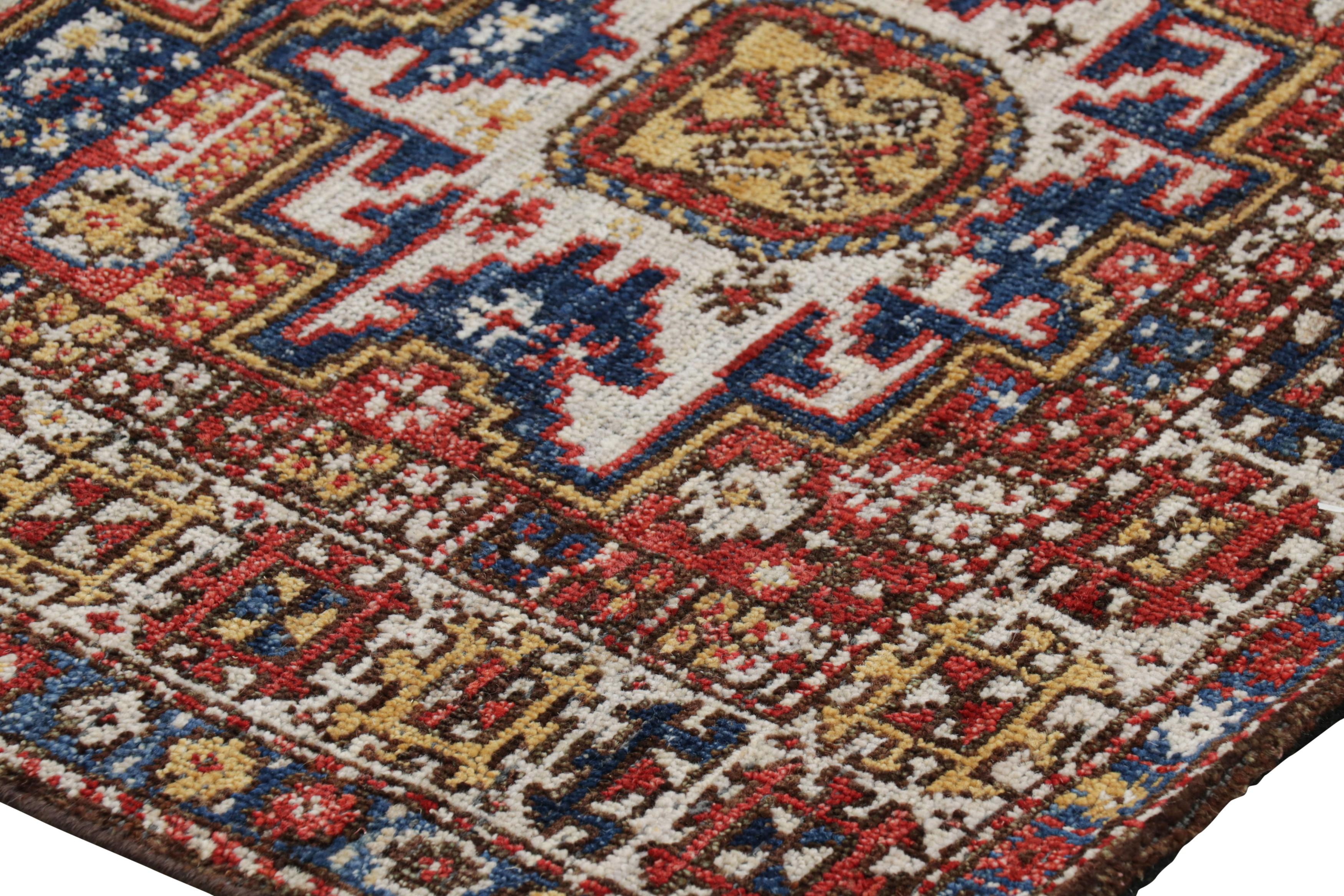 Indian Rug & Kilim’s Caucasian Style Rug In Red and Blue With Lesghi Star Medallions For Sale