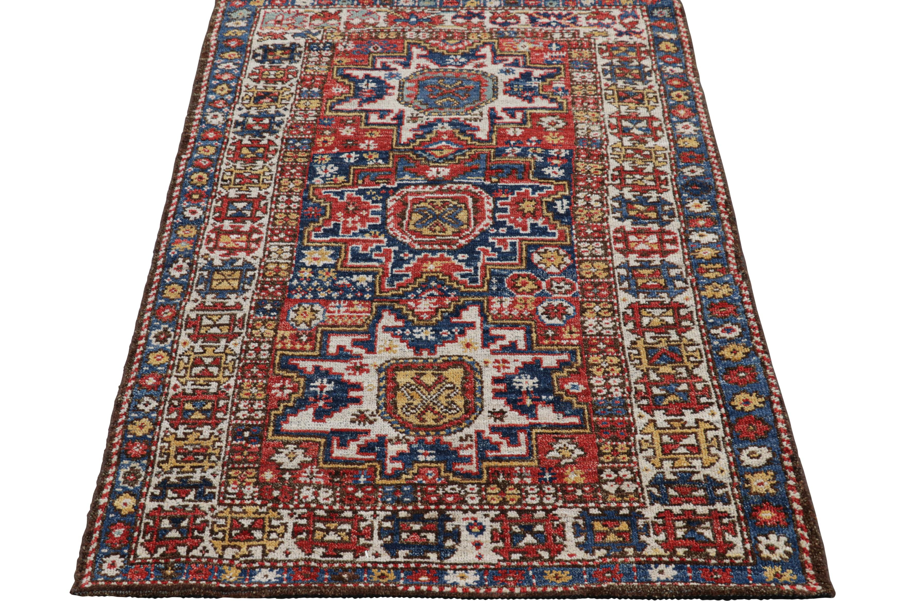 Hand-Knotted Rug & Kilim’s Caucasian Style Rug In Red and Blue With Lesghi Star Medallions For Sale