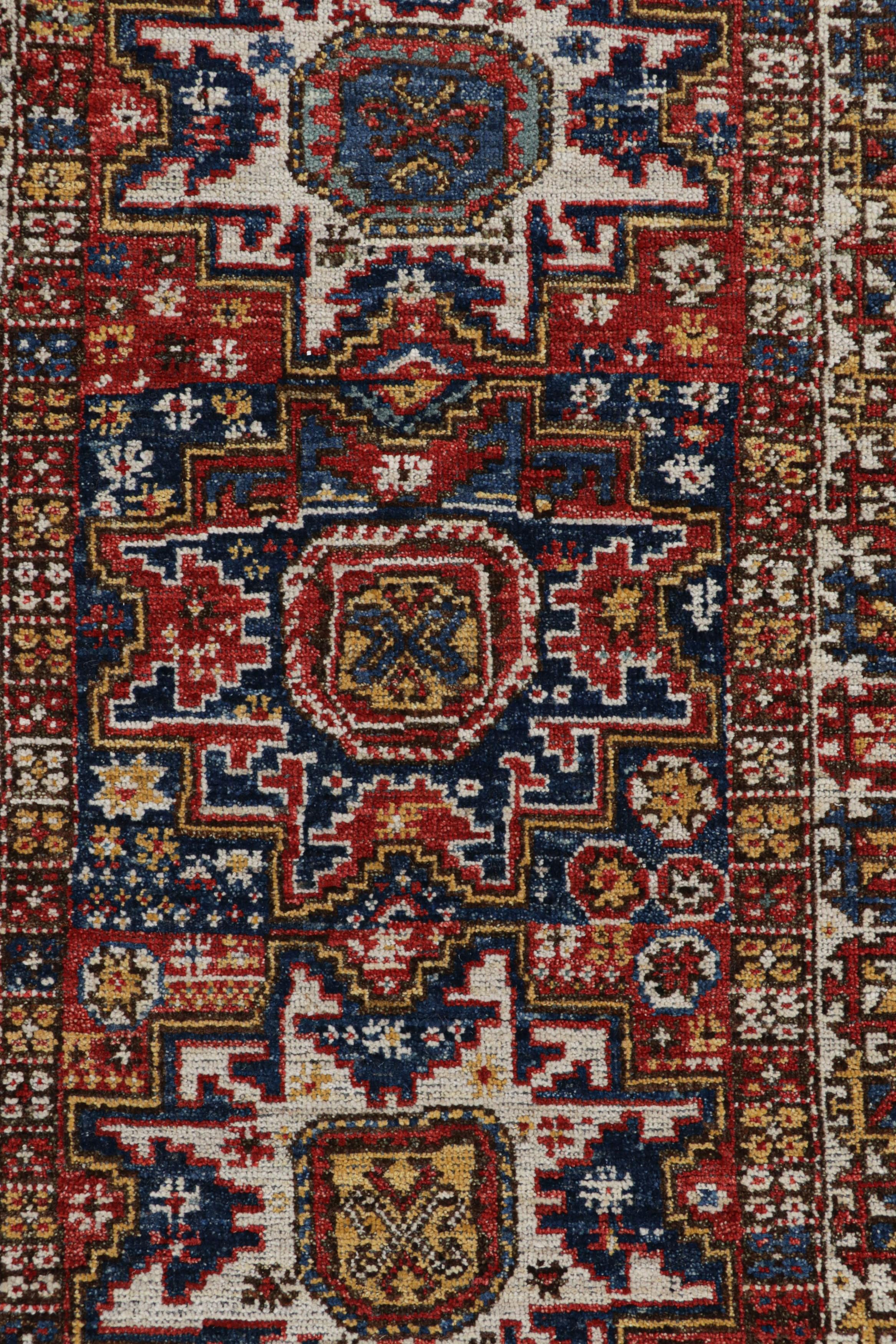 Contemporary Rug & Kilim’s Caucasian Style Rug In Red and Blue With Lesghi Star Medallions For Sale