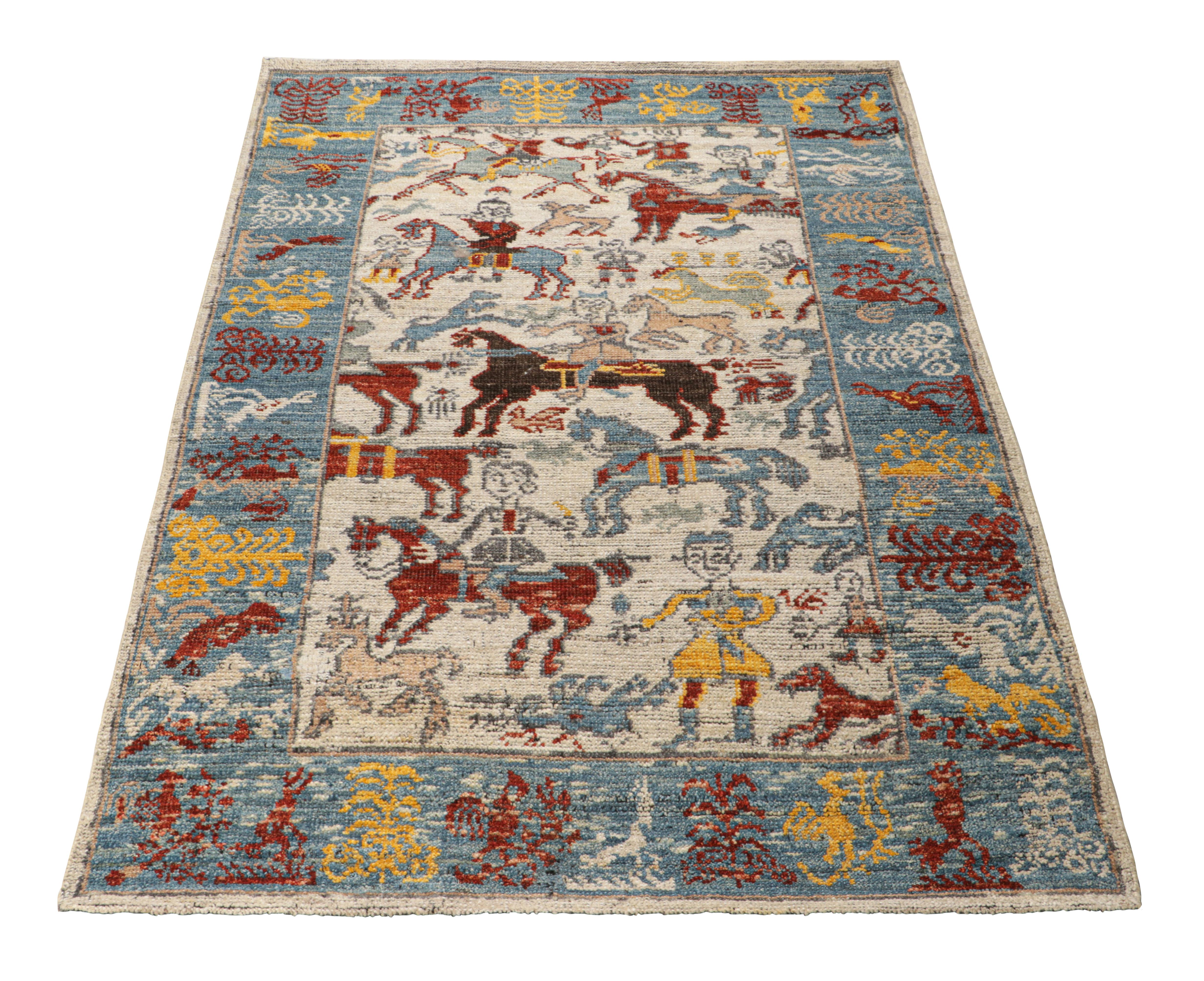 Annodato a mano Rug & Kilim è un tappeto in stile caucasico con immagini colorate di cavalieri. in vendita