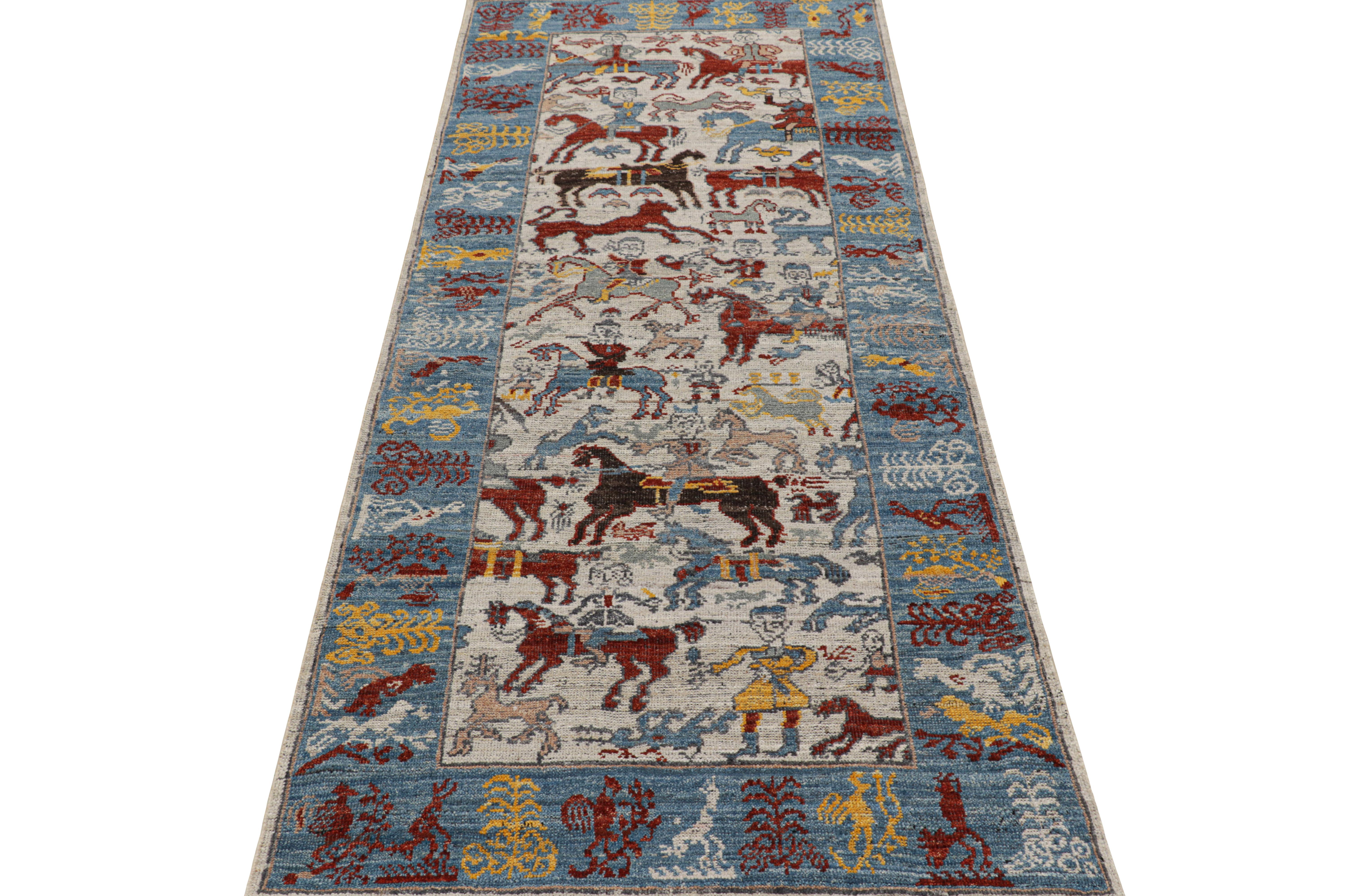 Indian Rug & Kilim’s Caucasian Style Runner Rug with Colorful Horse Rider Pictorials For Sale