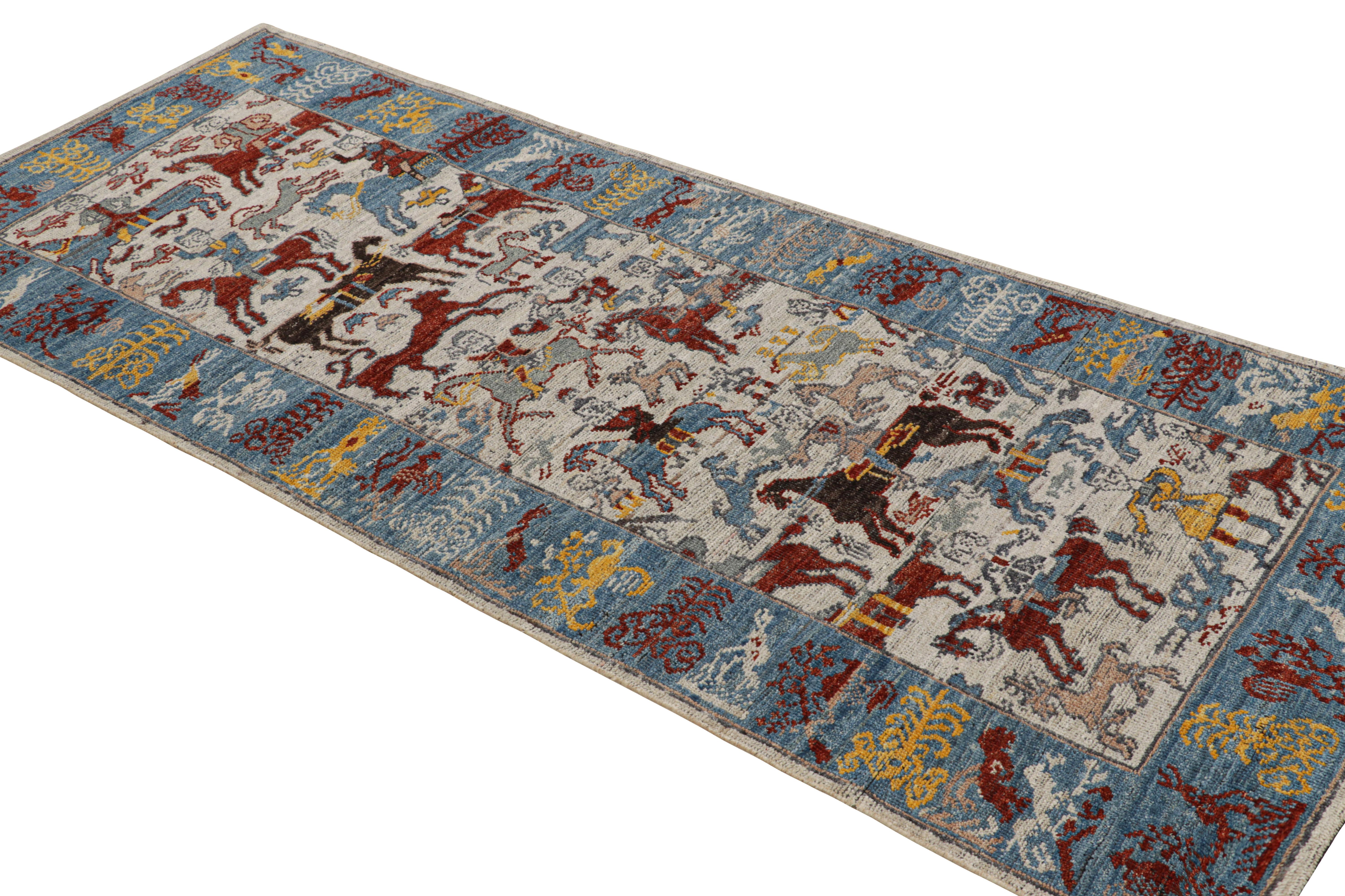 Hand-Knotted Rug & Kilim’s Caucasian Style Runner Rug with Colorful Horse Rider Pictorials For Sale