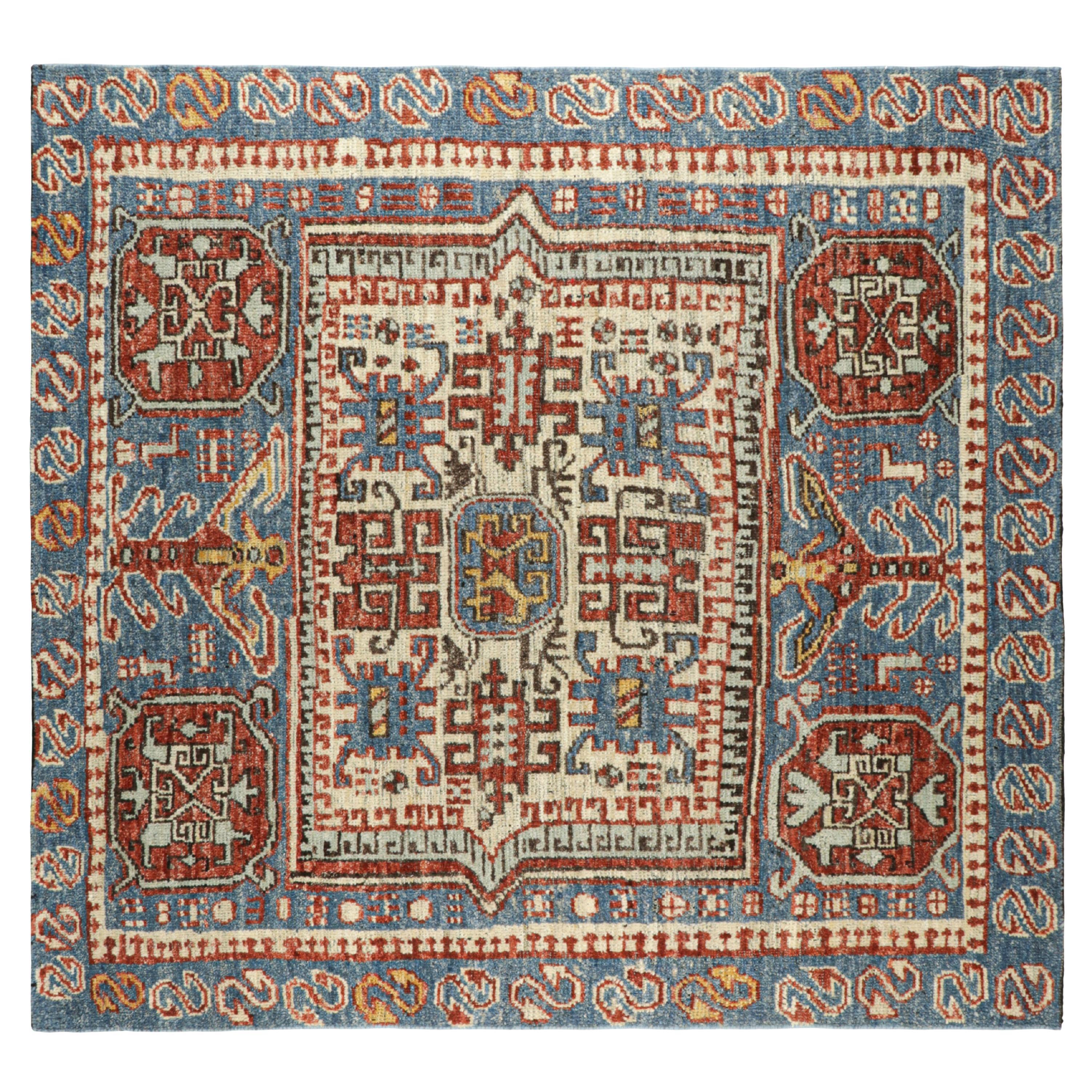 Rug & Kilim’s Caucasian Style Square Rug in Blue with Geometric Medallions