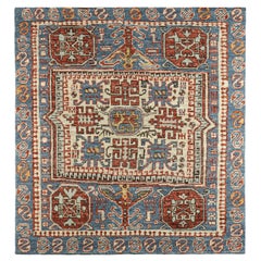 Rug & Kilim’s Caucasian Style Square Rug in Blue with Geometric Medallions