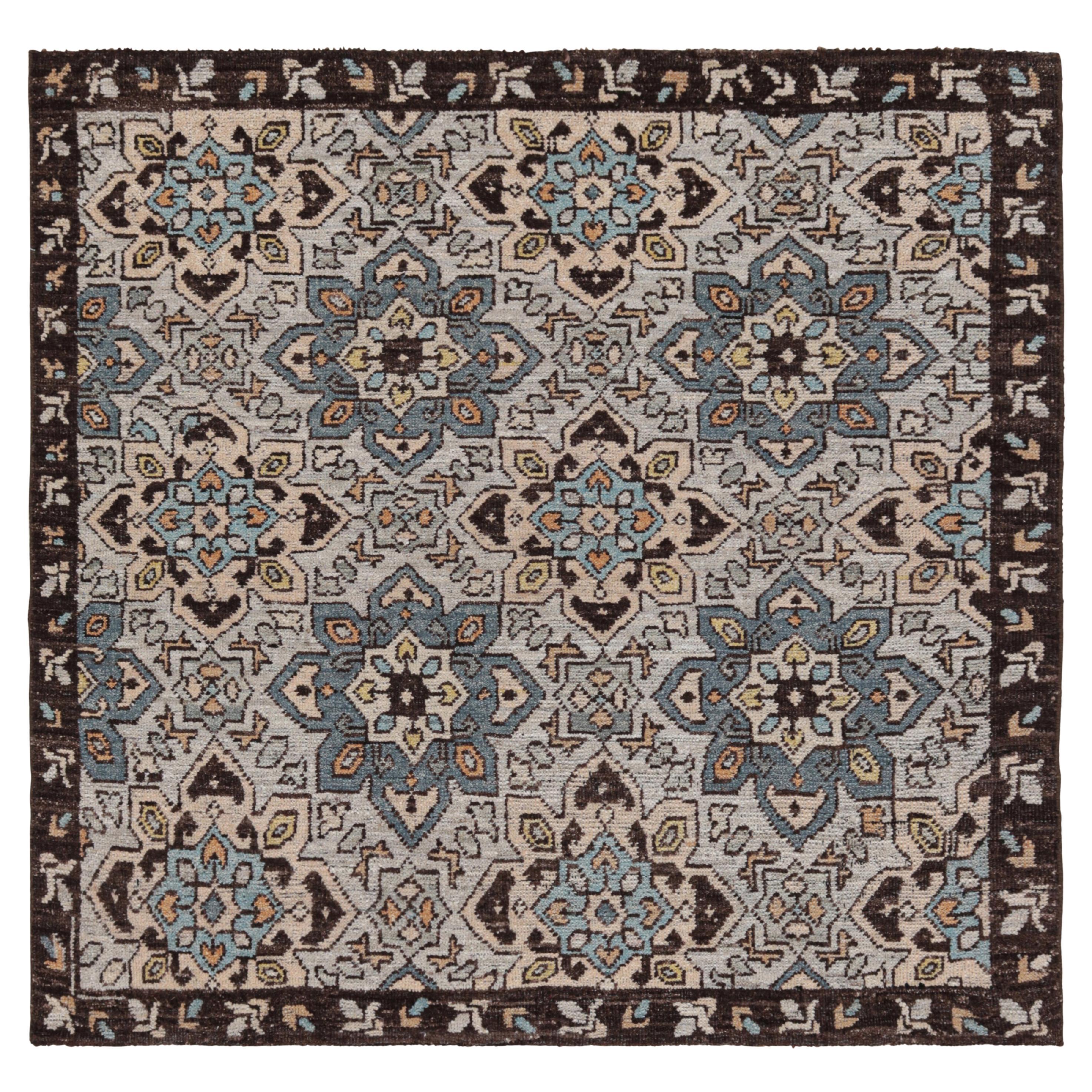 Rug & Kilim’s Caucasian Style Square Rug in Blue with Geometric Medallions