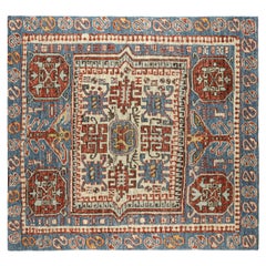 Rug & Kilim’s Caucasian Style Square Rug in Blue with Geometric Medallions