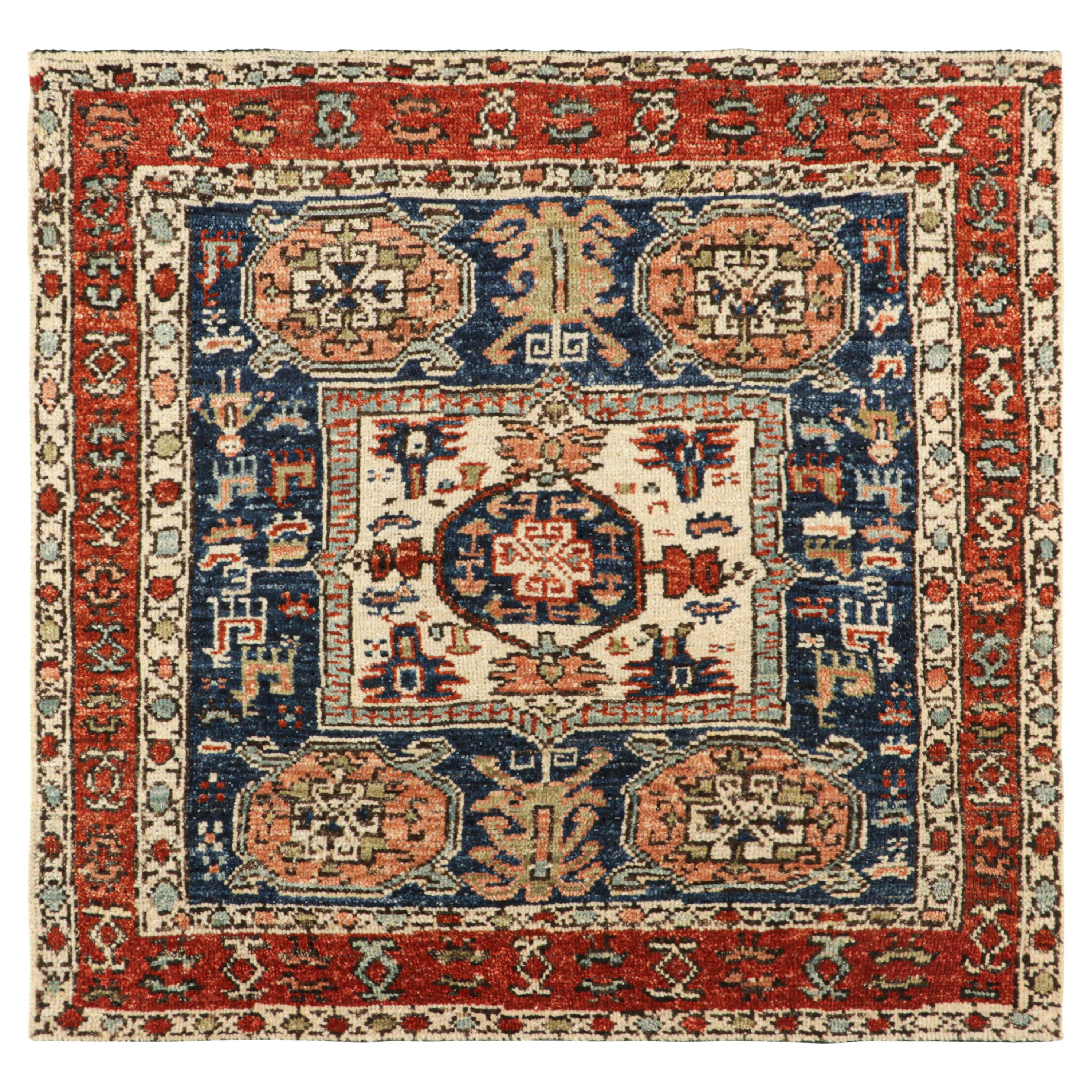 Rug & Kilim’s Caucasian (Style) Square Rug with Geometric Patterns and Figurals For Sale